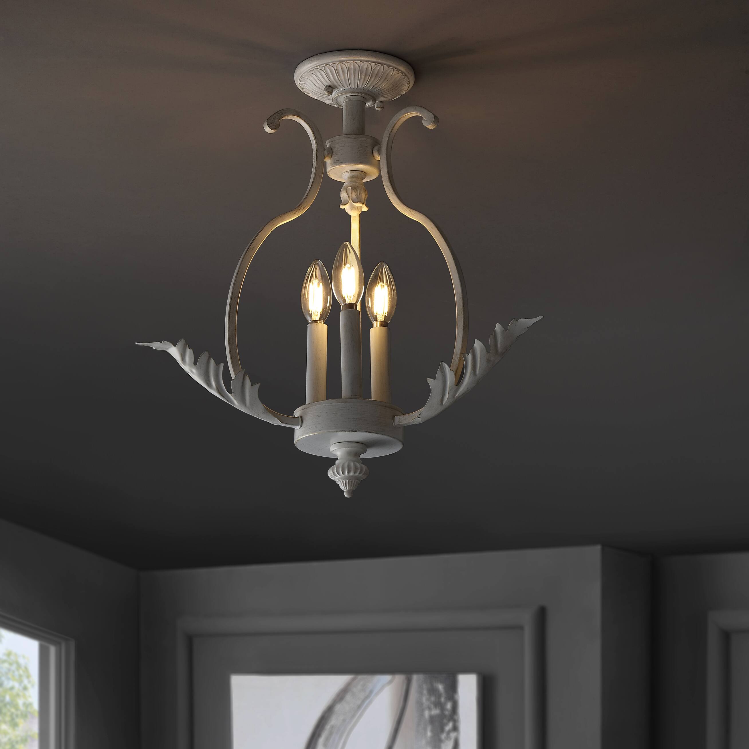 Alt View 1. Jonathan Y - Austen 12.2" Metal LED Semi-Flush Mount, Antique White - Antique White.
