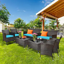 Gymax - 8PCS Patio Rattan Conversation Furniture Set Outdoor w/ Cushion - Turquoise