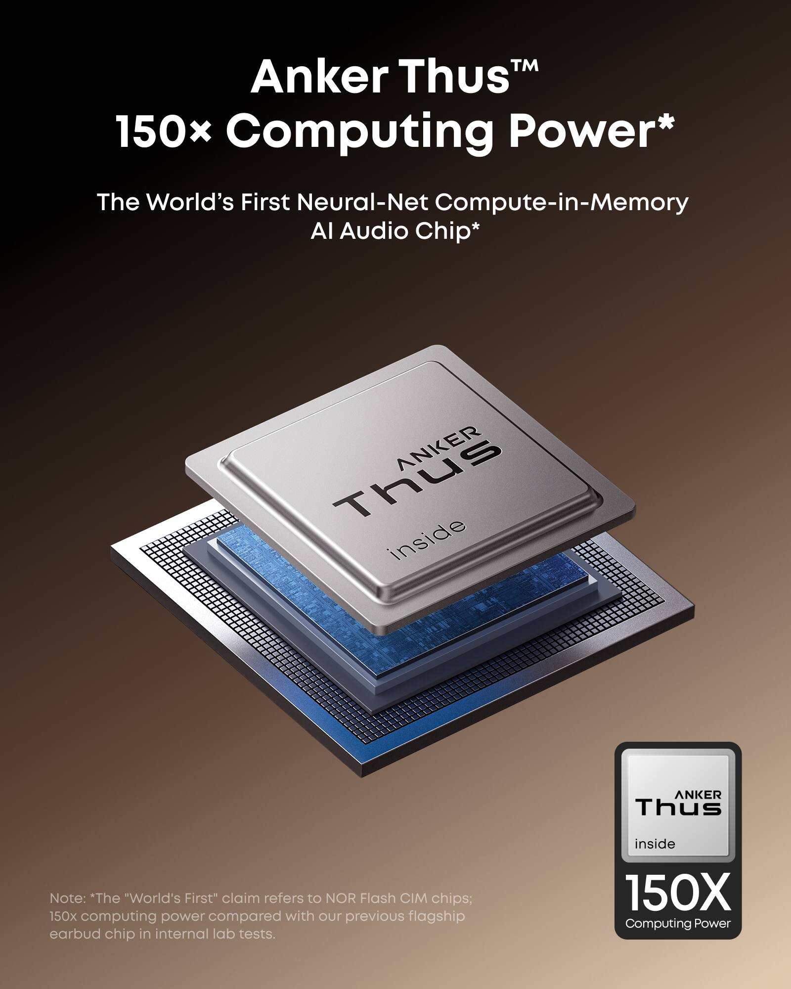 Anker Thus™ 150x Computing Power*  
The World's First Neural-Net Compute-in-Memory AI Audio Chip*  
ANKER Thus inside  
Note: *The "World's First" claim refers to NOR Flash CIM chips; 150x computing power compared with our previous flagship earbud chip in internal lab tests.