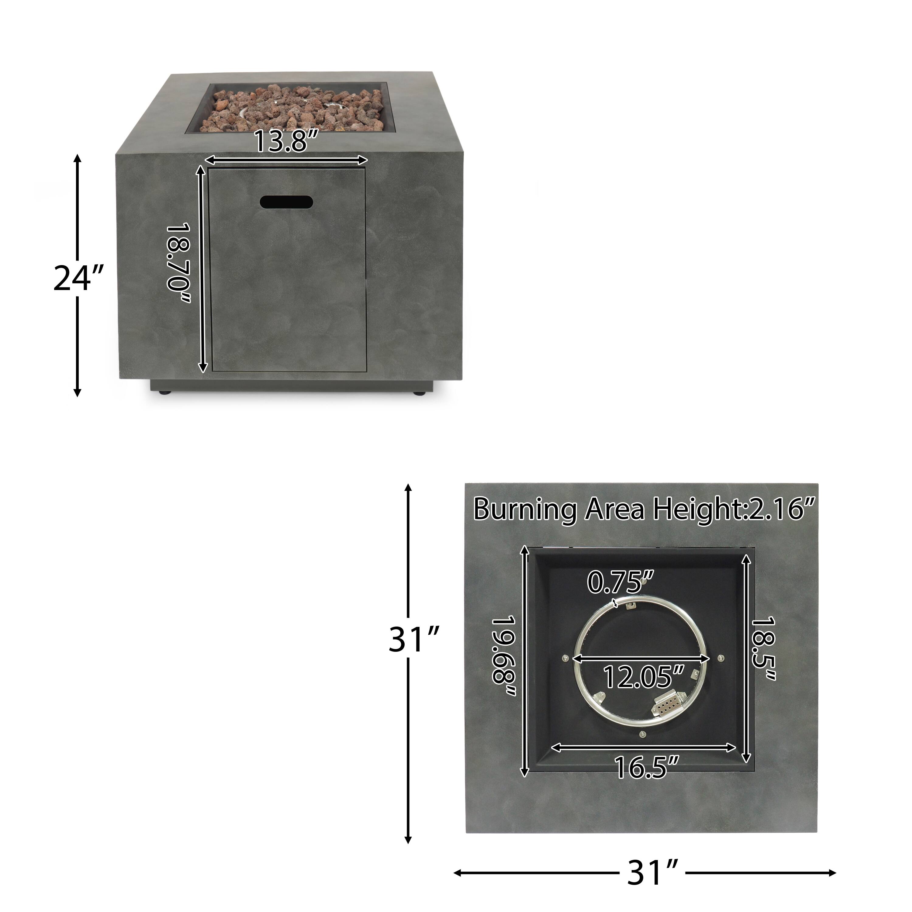 - Width: 31"
- Depth: 24"
- Height: 18.70"
- Burning Area Height: 2.16"
- Burning Area Width: 19.68"
- Burning Area Depth: 18.5"
- Burning Area Diameter: 12.05"
- Burning Area Height: 0.75"