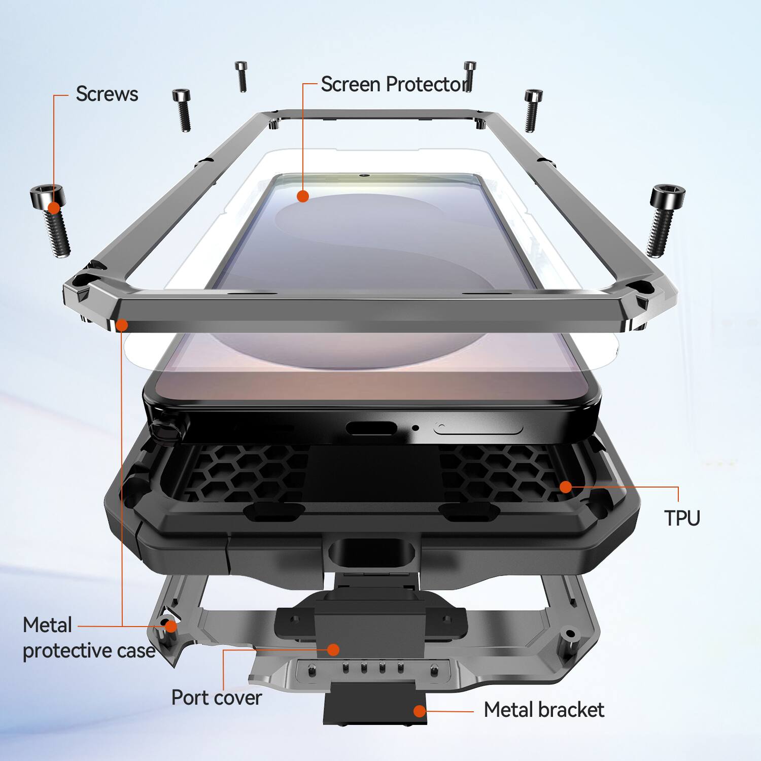 Screws  
Screen Protector  
TPU  
Metal protective case  
Port cover  
Metal bracket