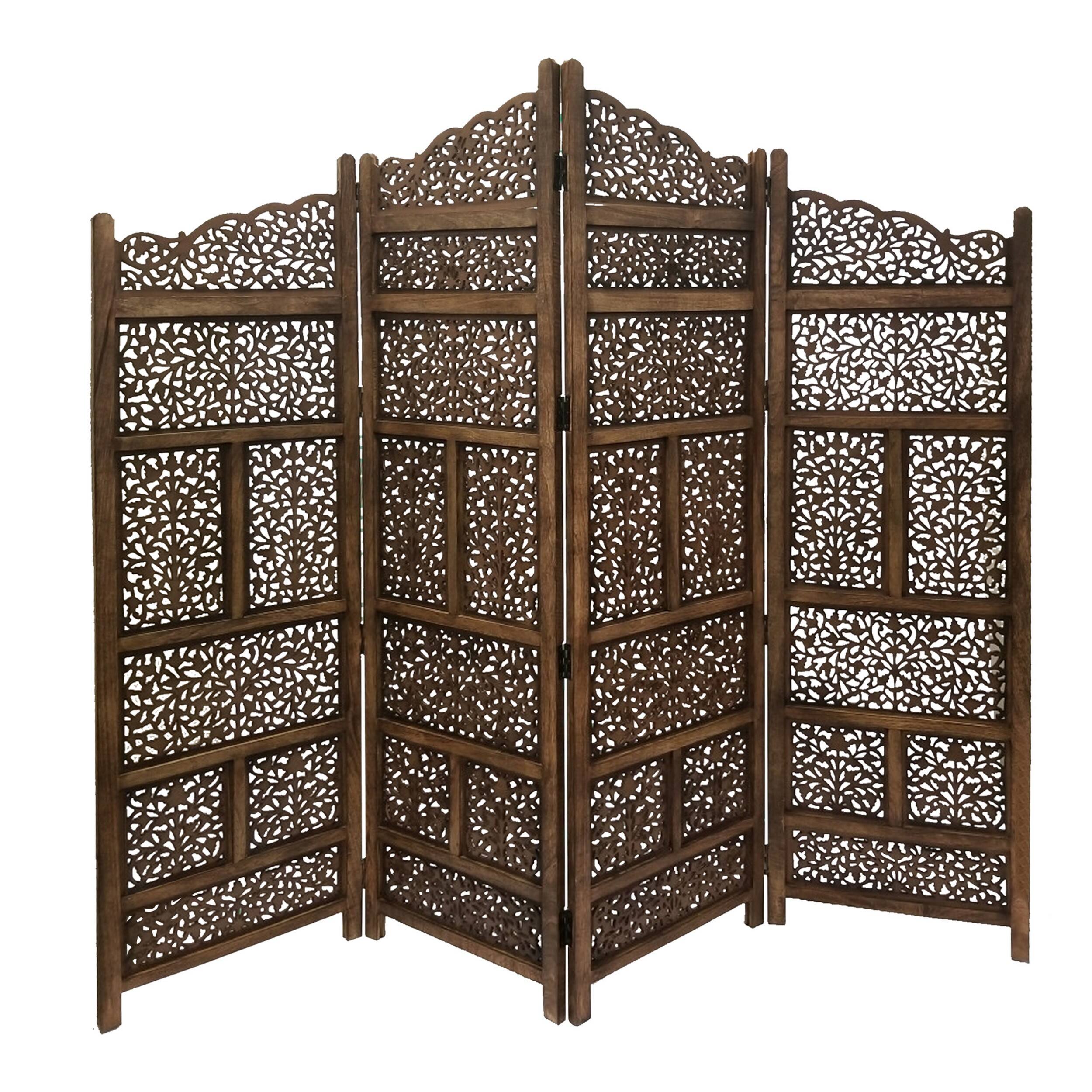 Front. Manhattan Lane - Benzara Hand Carved Foldable 4 Panel Wooden Partition Screen/RoomDivider - Brown.