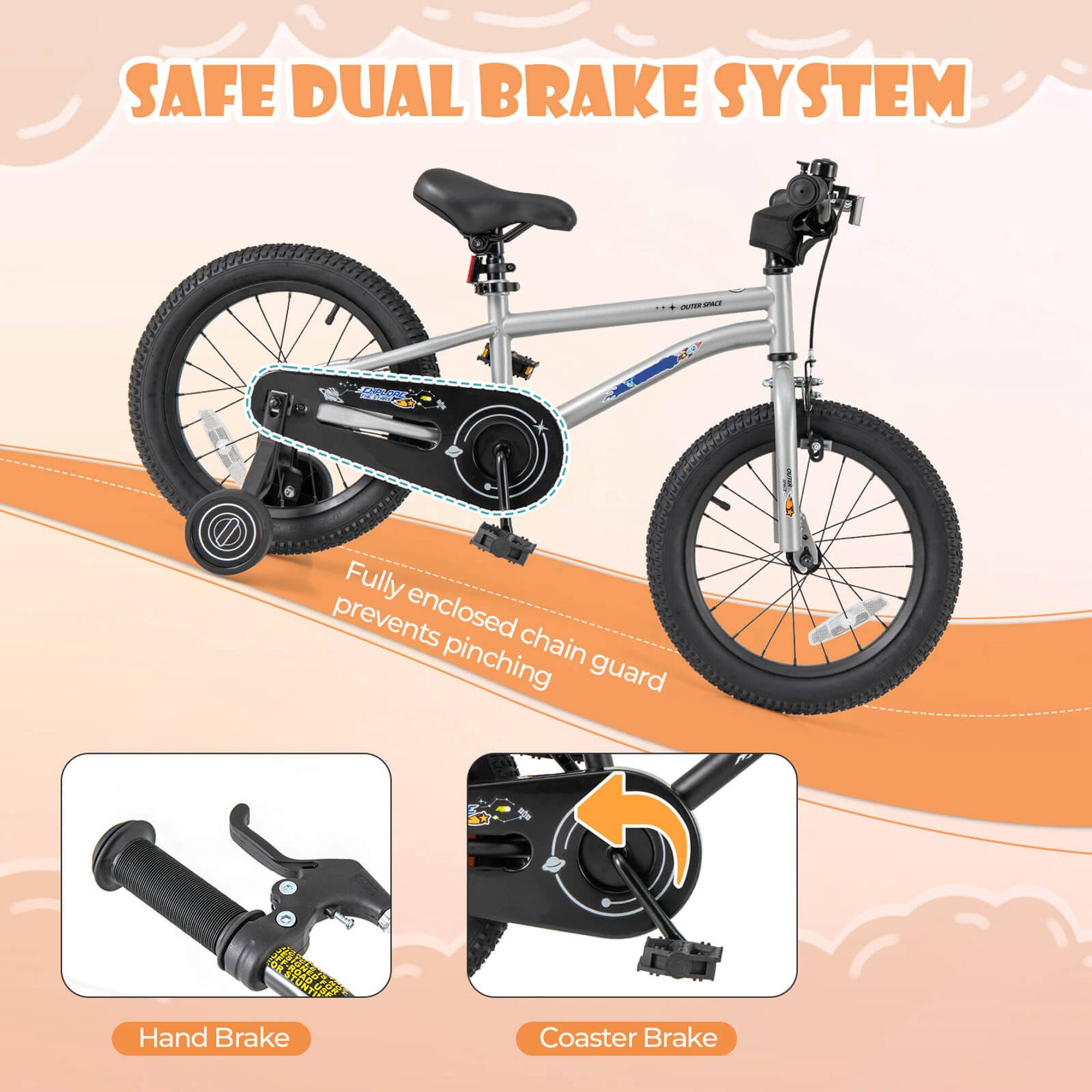 SAFE DUAL BRAKE SYSTEM

Fully enclosed chain guard prevents pinching

Hand Brake

Coaster Brake