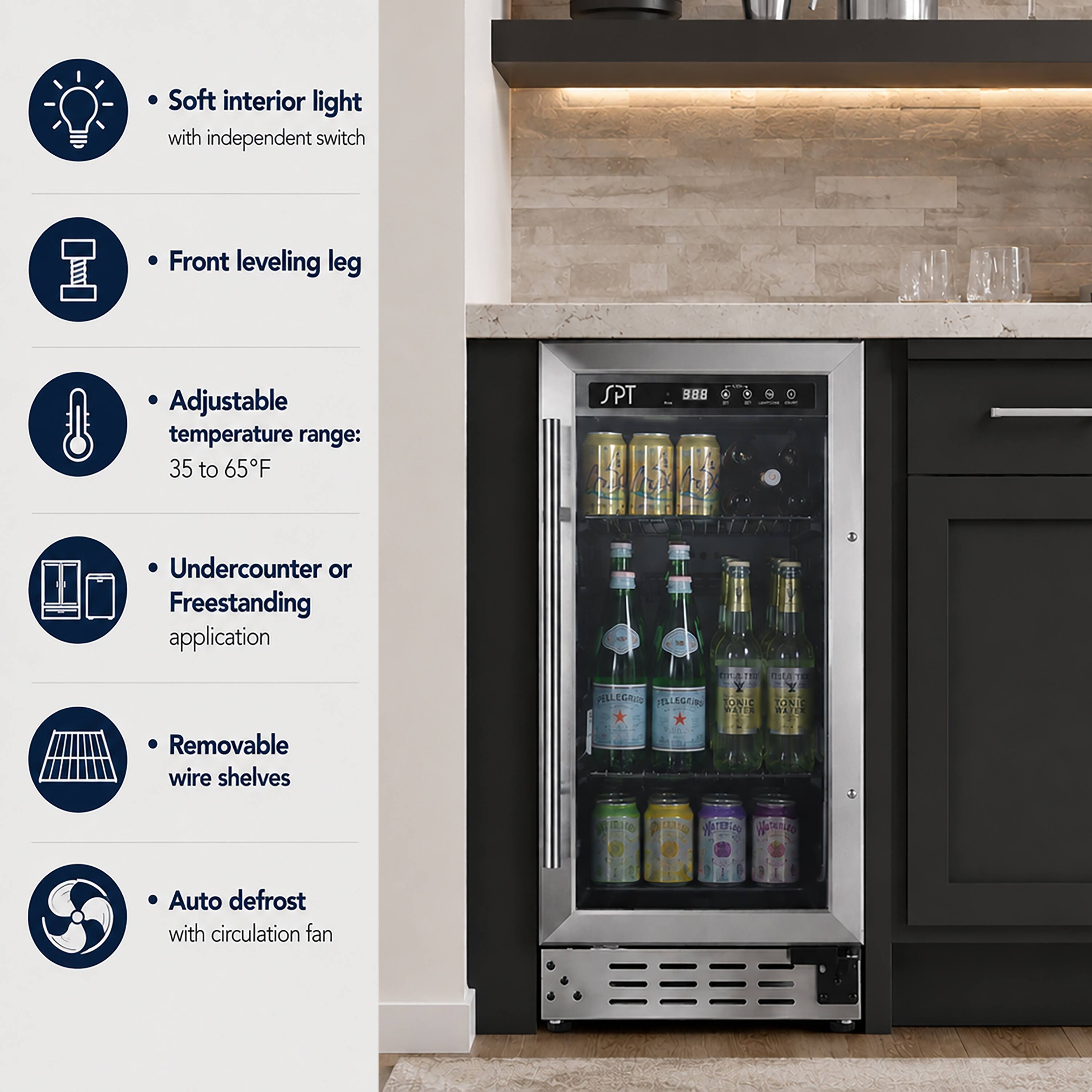 - Soft interior light with independent switch
- Front leveling leg
- Adjustable temperature range: 35 to 65°F
- Undercounter or Freestanding application
- Removable wire shelves
- Auto defrost with circulation fan