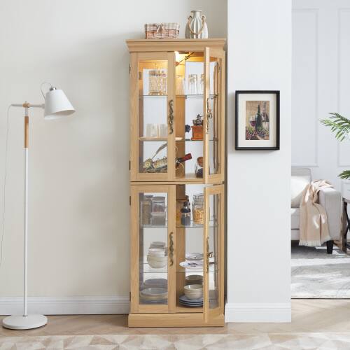 Angle. LUCKY ONE - Freestanding Lighted Glass Curio Display Cabinet with Adjustable Shelves for Wine Toy Collectibles - Light Oak.