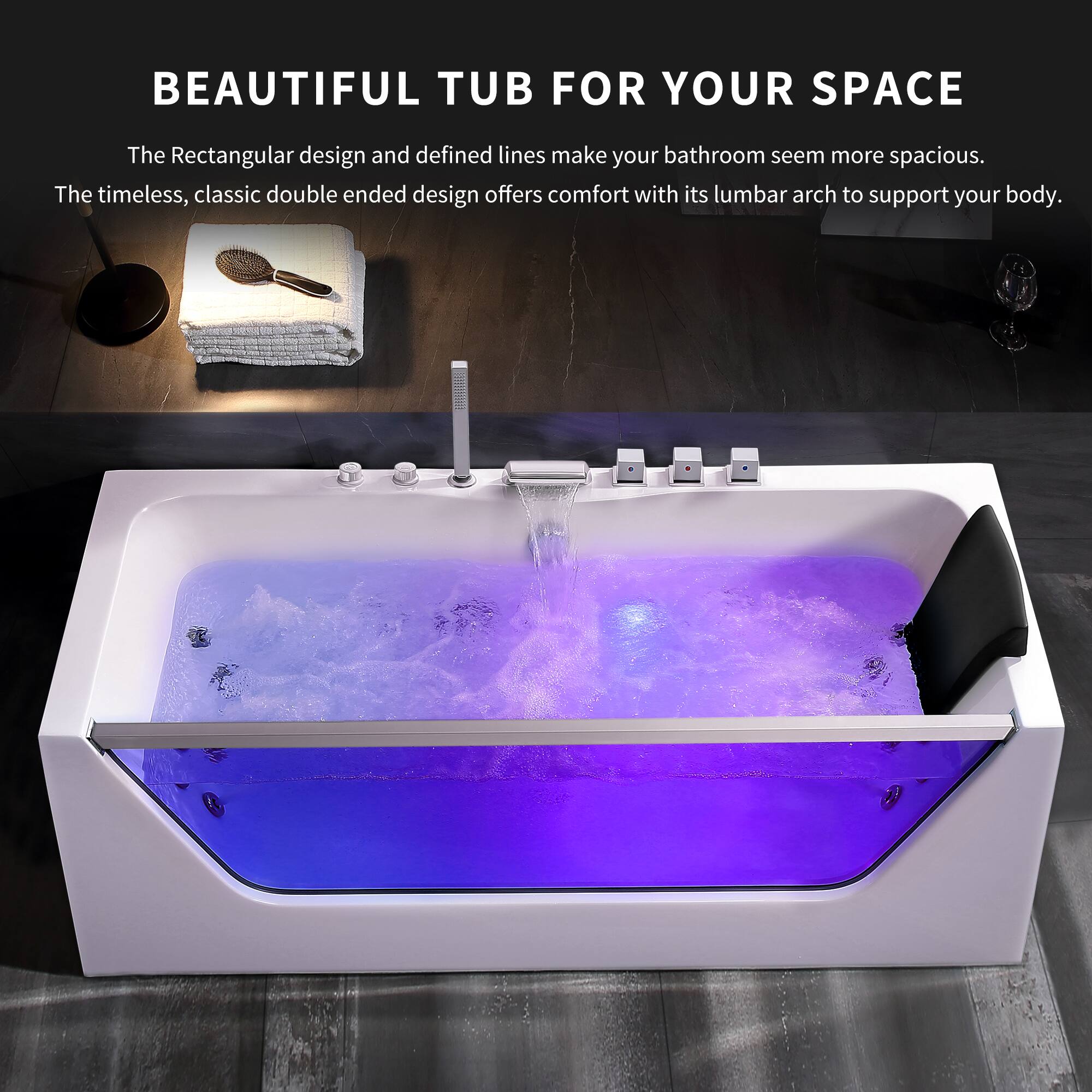 BEAUTIFUL TUB FOR YOUR SPACE

The Rectangular design and defined lines make your bathroom seem more spacious. The timeless, classic double ended design offers comfort with its lumbar arch to support your body.