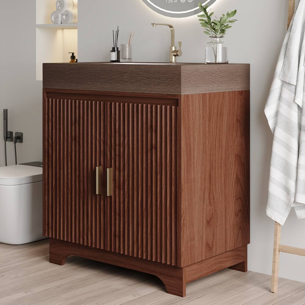 Alt View 2. Loheer - Loheer 30 inch freestanding bathroom vanity sintered stone countertop walnut plywood bathroom cabinet - Walnut.