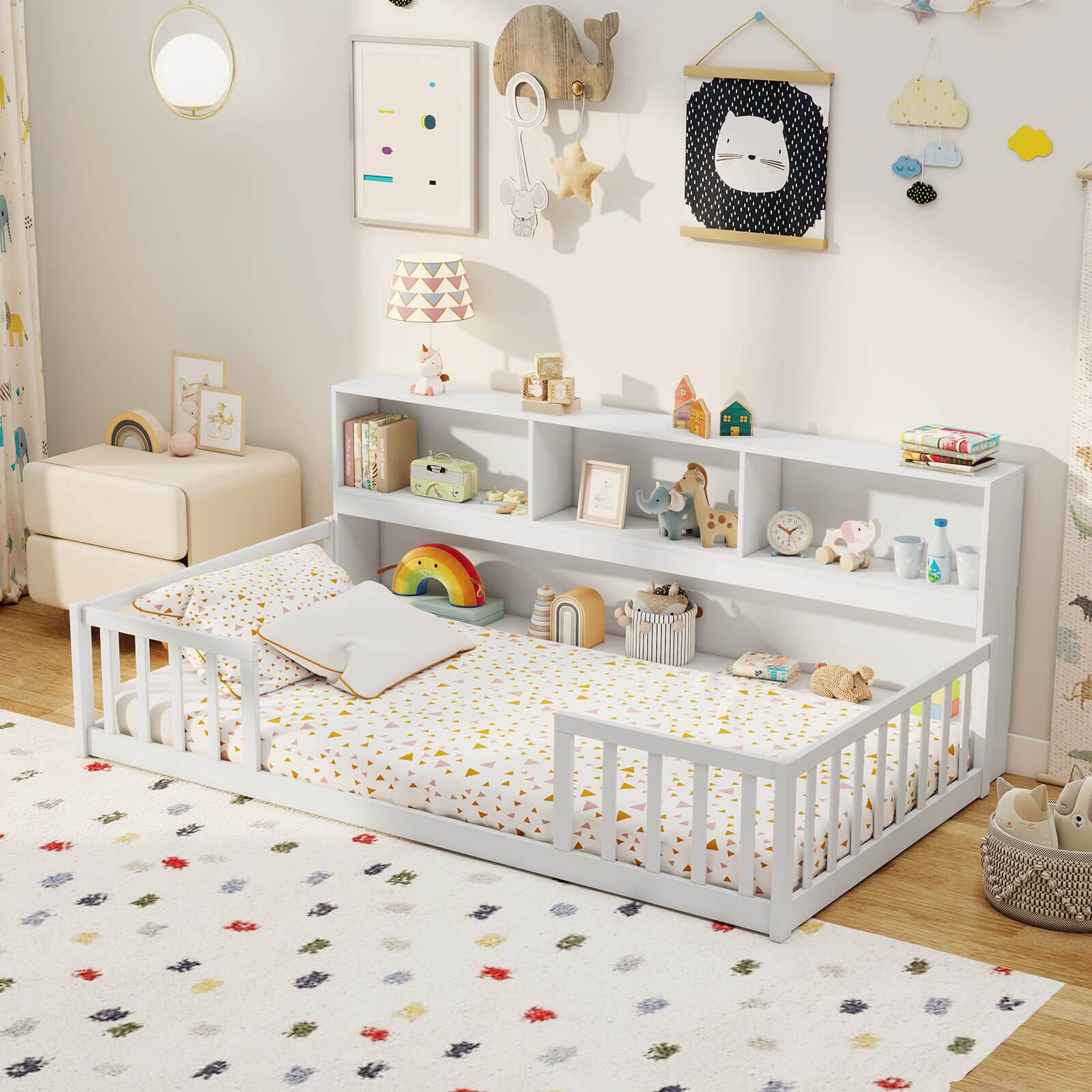 Left. Costway - Costway Twin Size Montessori Floor Bed with Bookcase Storage Shelves & Safety Fence Rails White - White.