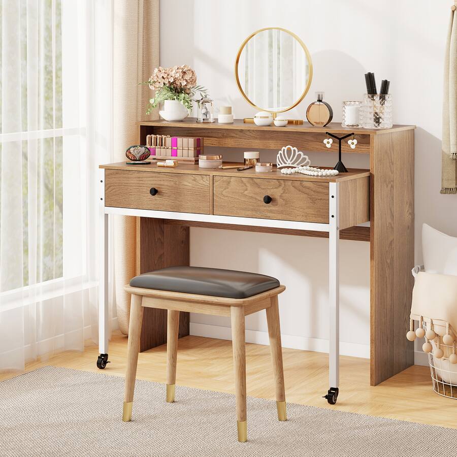 Gymax Extendable Computer Desk w/ 2 Storage Drawers & Monitor Shelf ...