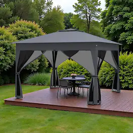Hivvago - 11 x 11 Ft Collapsible Patio Gazebo with Mesh Enclosure and Dual-Layer Roof - Gray