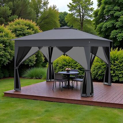Front. Hivvago - 11 x 11 Ft Collapsible Patio Gazebo with Mesh Enclosure and Dual-Layer Roof - Gray.