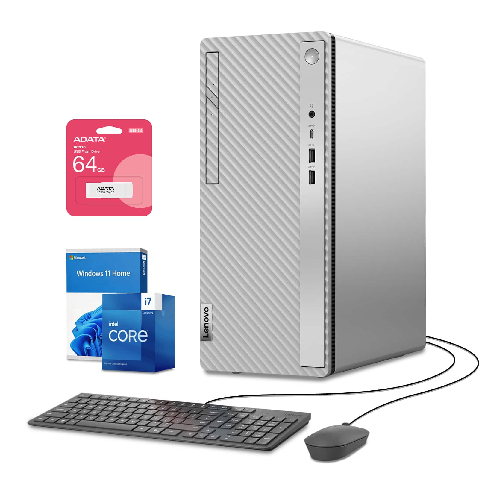 Lenovo - IdeaCentre Desktop - Intel Core i7-14700 - 16GB RAM 2TB SSD - Wired Keyboard & Mouse - Adata 64GB USB Drive - Gray