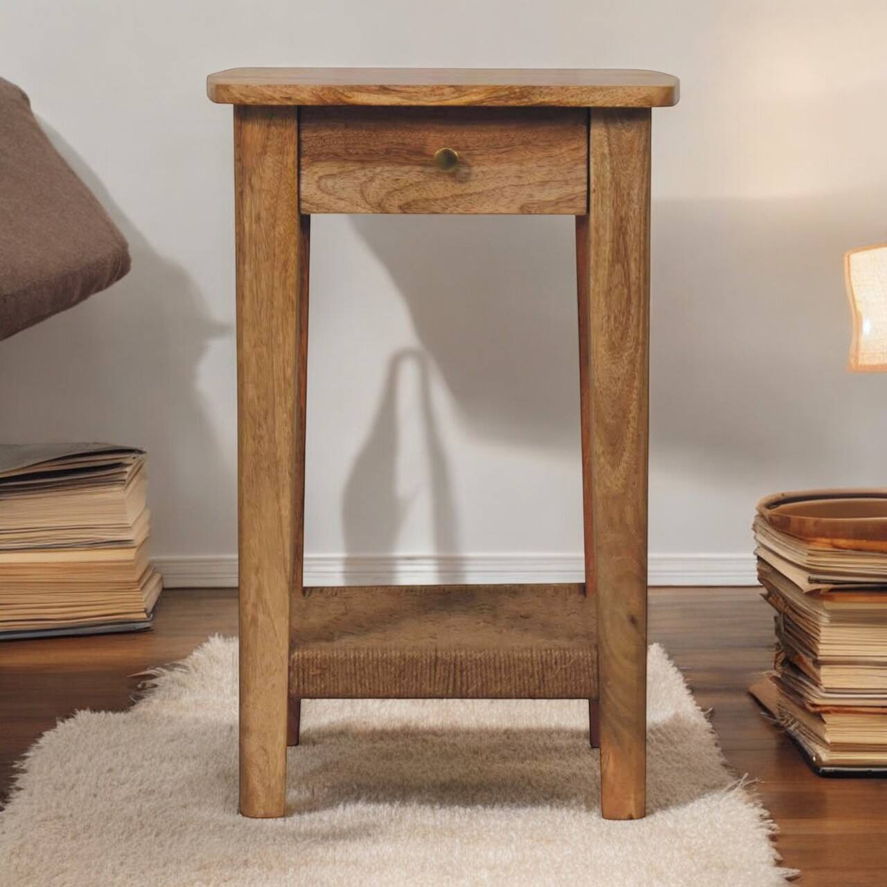 Angle. Artisan Furniture - Artisan Furniture Solid Wood Rope End Table, 1 Drawer, Brown - Brown.