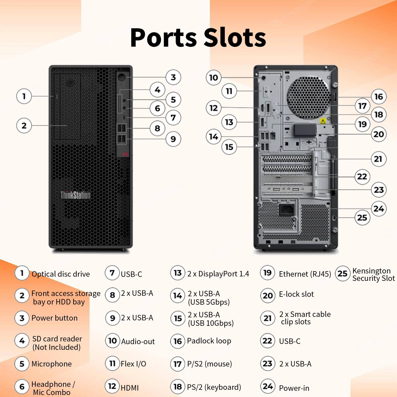 Ports Slots

1. Optical disc drive
2. Front access storage bay or HDD bay
3. Power button
4. SD card reader (Not Included)
5. Microphone
6. Headphone Mic Combo
7. USB-C
8. 2 x USB-A
9. 2 x USB-A
10. Audio-out
11. Flex I/O
12. HDMI
13. 2 x DisplayPort 1.4
14. 2 x USB-A (USB 5Gbps)
15. 2 x USB-A (USB 10Gbps)
16. Padlock loop
17. P/S2 (mouse)
18. PS/2 (keyboard)
19. Ethernet (RJ45)
20. E-lock slot
21. 2 x Smart cable clip slots
22. USB-C
23. 2 x USB-A
24. Power-in
25. Kensington Security Slot
