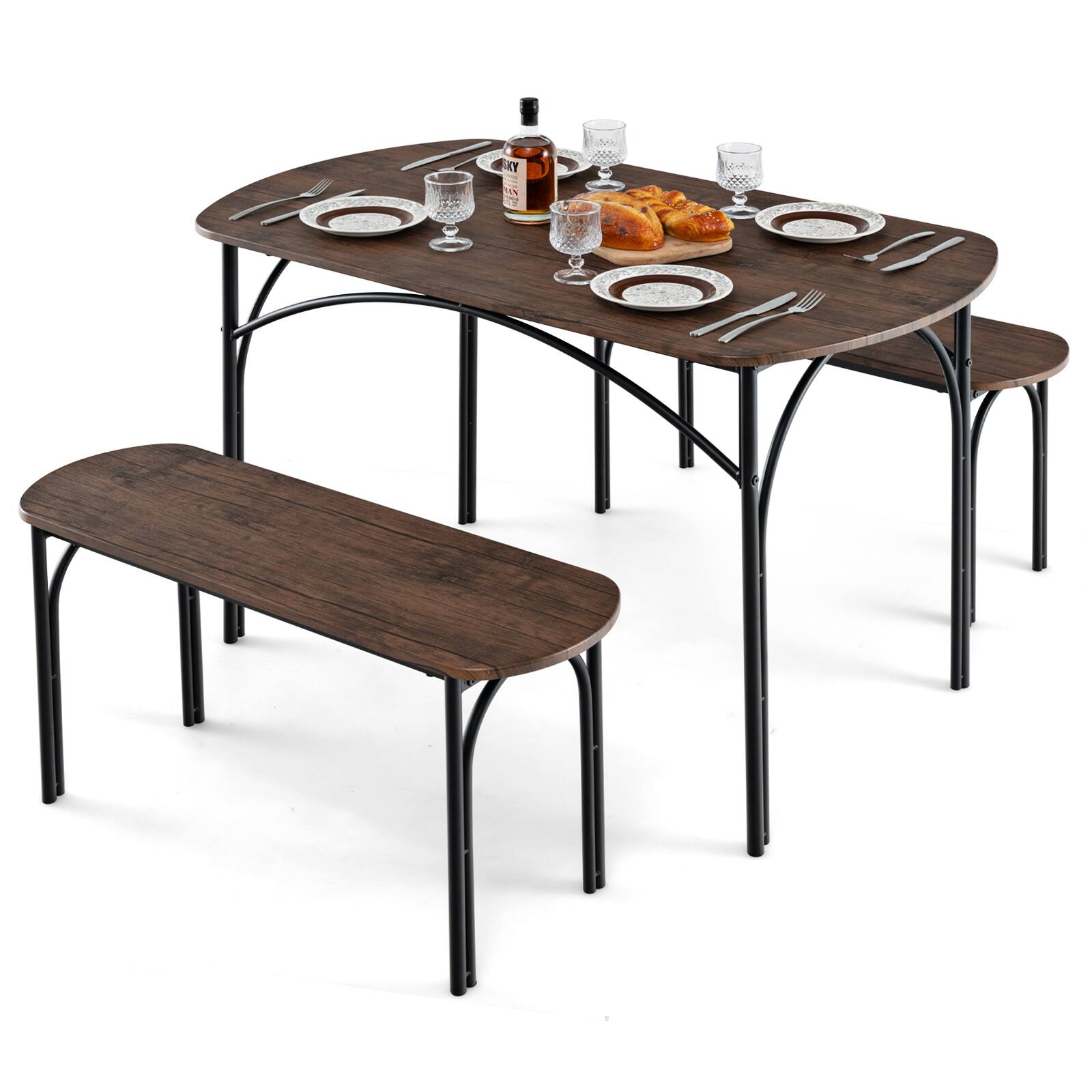 Back. SlickBlue - 3-Piece Dining Table Set for 4 with Metal Frame and 2 Benches - Brown, Black.