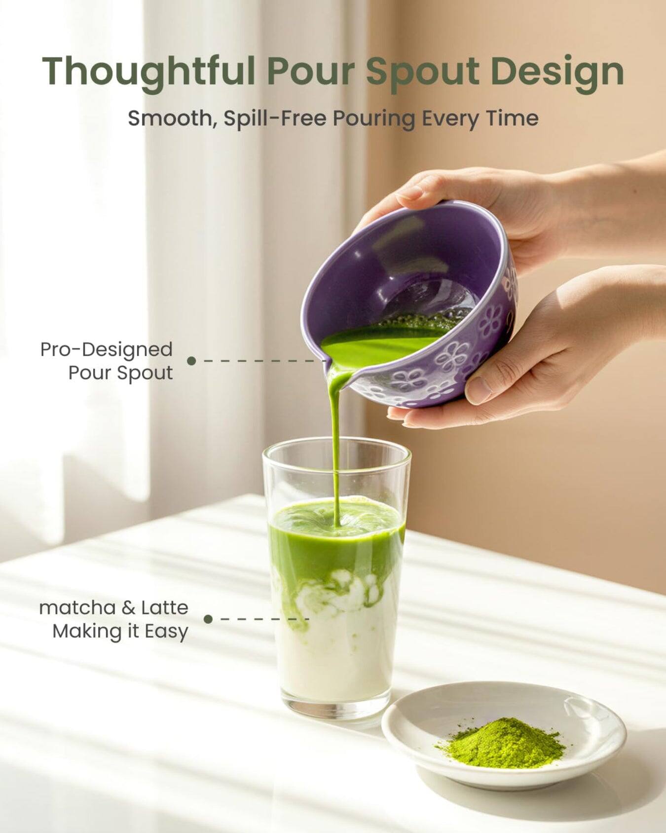 Thoughtful Pour Spout Design  
Smooth, Spill-Free Pouring Every Time  

Pro-Designed Pour Spout  

matcha & Latte  
Making it Easy