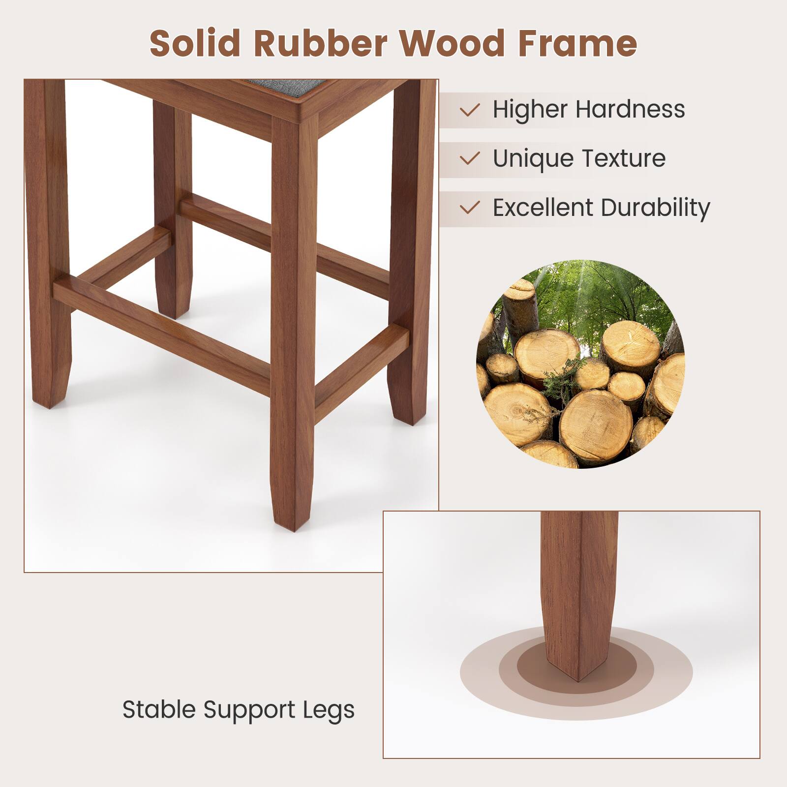 Solid Rubber Wood Frame
Higher Hardness
Unique Texture
Excellent Durability
Stable Support Legs