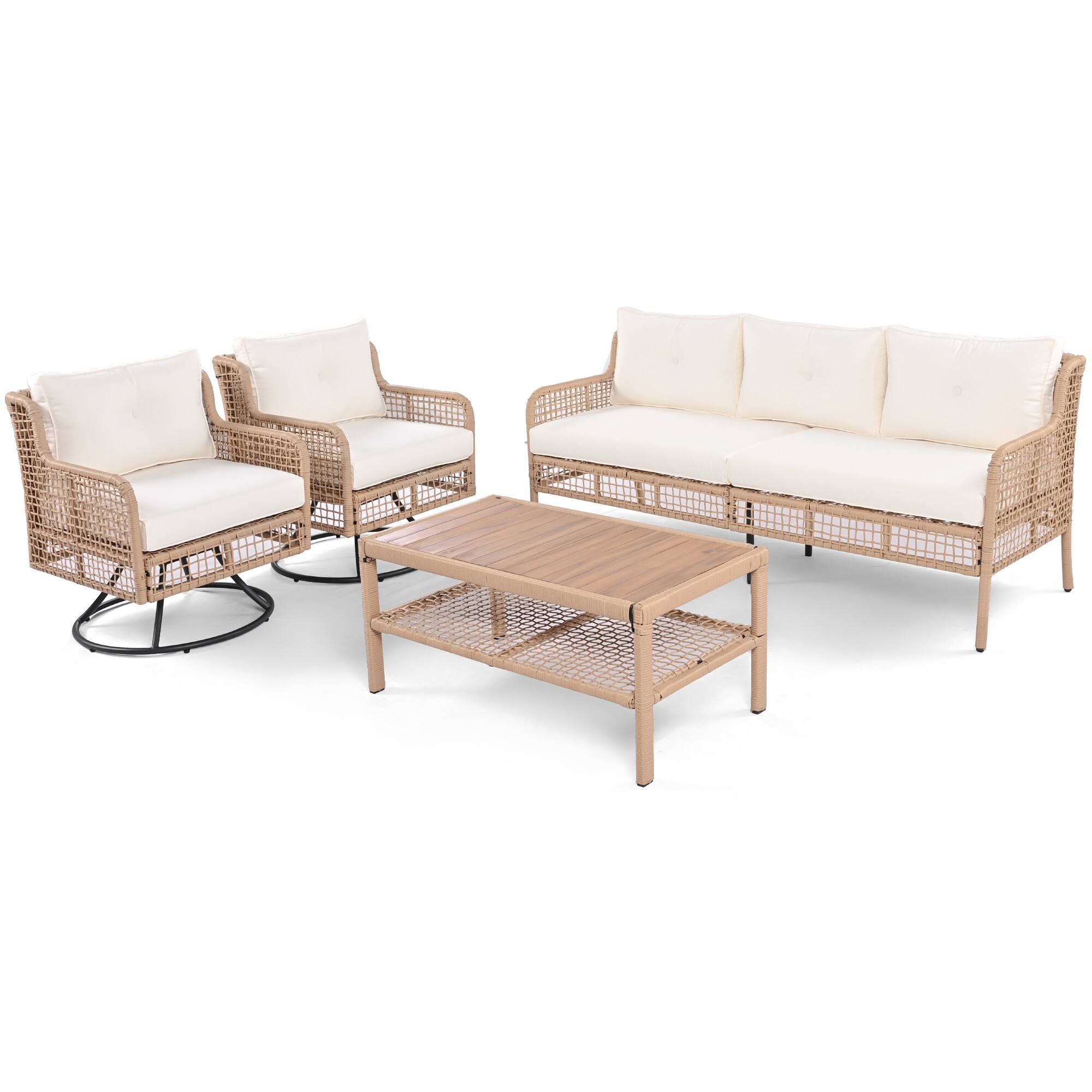 Left. Whisen - 4-Piece Outdoor Wicker Patio Furniture Set, 3-Seater Sofa & 2 Swivel Chairs with Coffee Table - Beige.