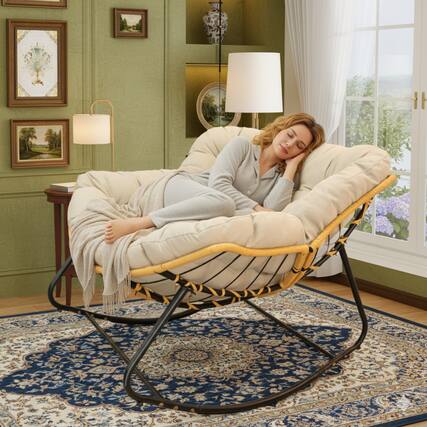 Front. GOODSILO - Versatile Indoor and Outdoor Rocking Lounge Chair with Rattan Wicker Design for Comfortable Relaxation - Beige.