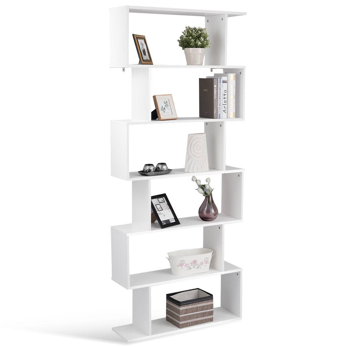 Alt View 7. Gymax - Gymax 6 Tier S-Shaped Bookcase Z-Shelf Style Storage Display Modern Bookshelf White - White.