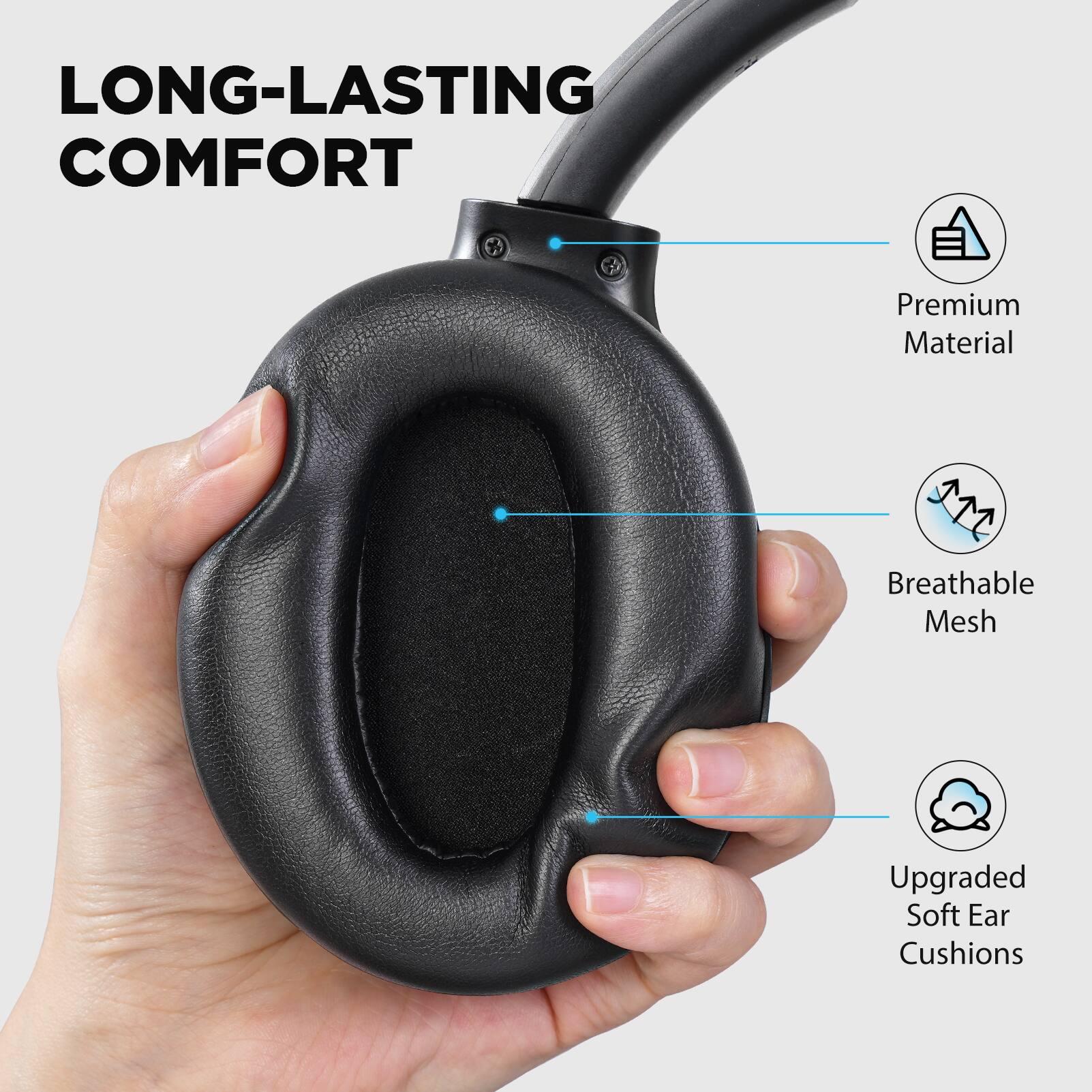 LONG-LASTING COMFORT

- Premium Material
- Breathable Mesh
- Upgraded Soft Ear Cushions