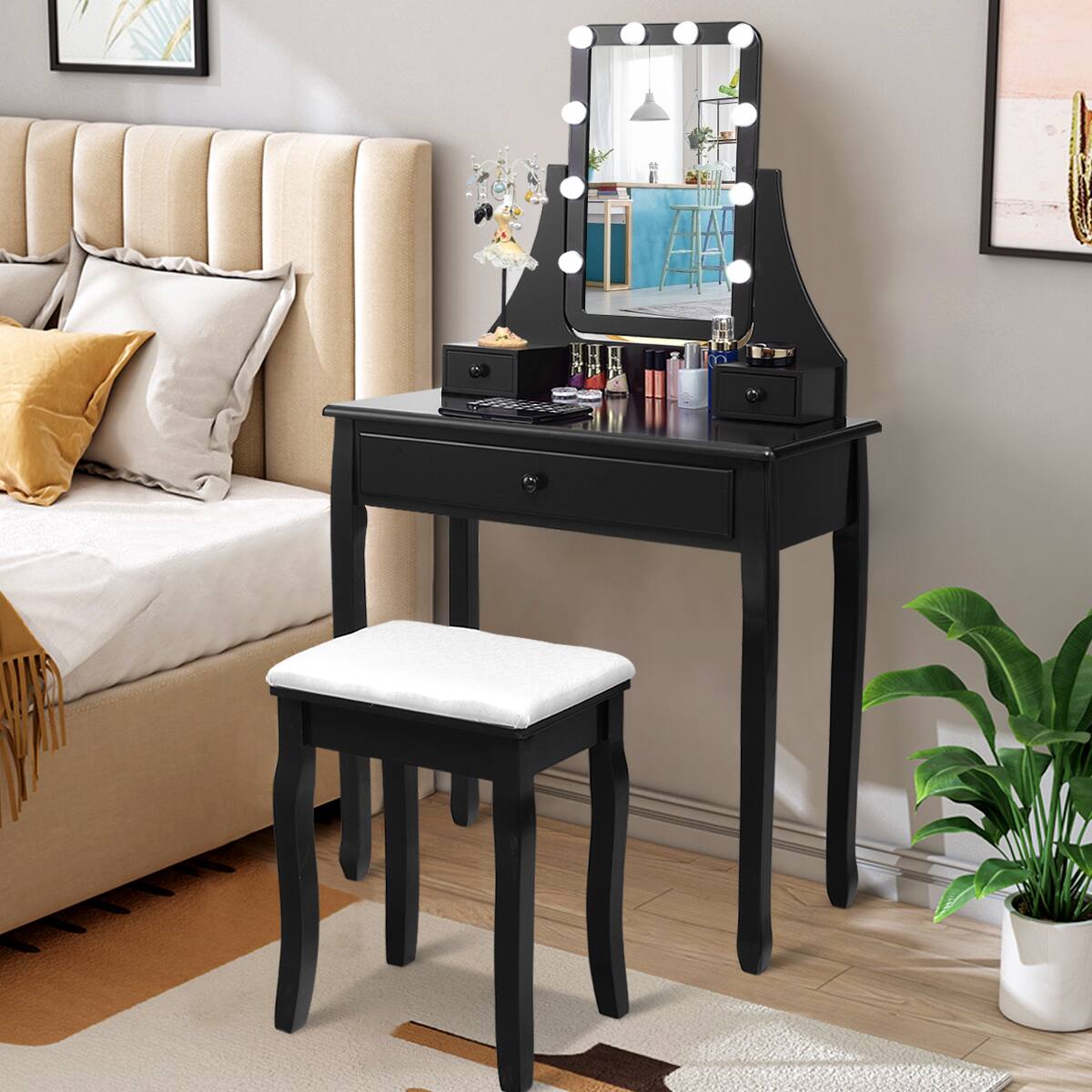 Alt View 1. Costway - Costway Vanity Table 10 Dimmable Bulbs Makeup Dressing Desk - Black.