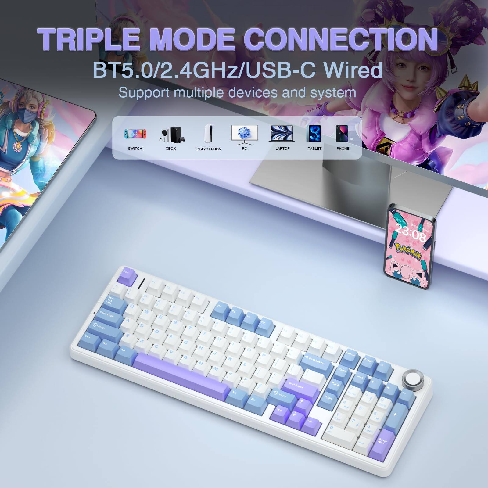 Teclado Mecánico Inalámbrico AULA F99 Pro Con Perilla, Sonido Cremoso, Teclado Intercambiable En Caliente Tri-Mode BT5.0/USB-C/2.4GHz, Estructura De Junta, Teclados Para Computadora De Juegos Con