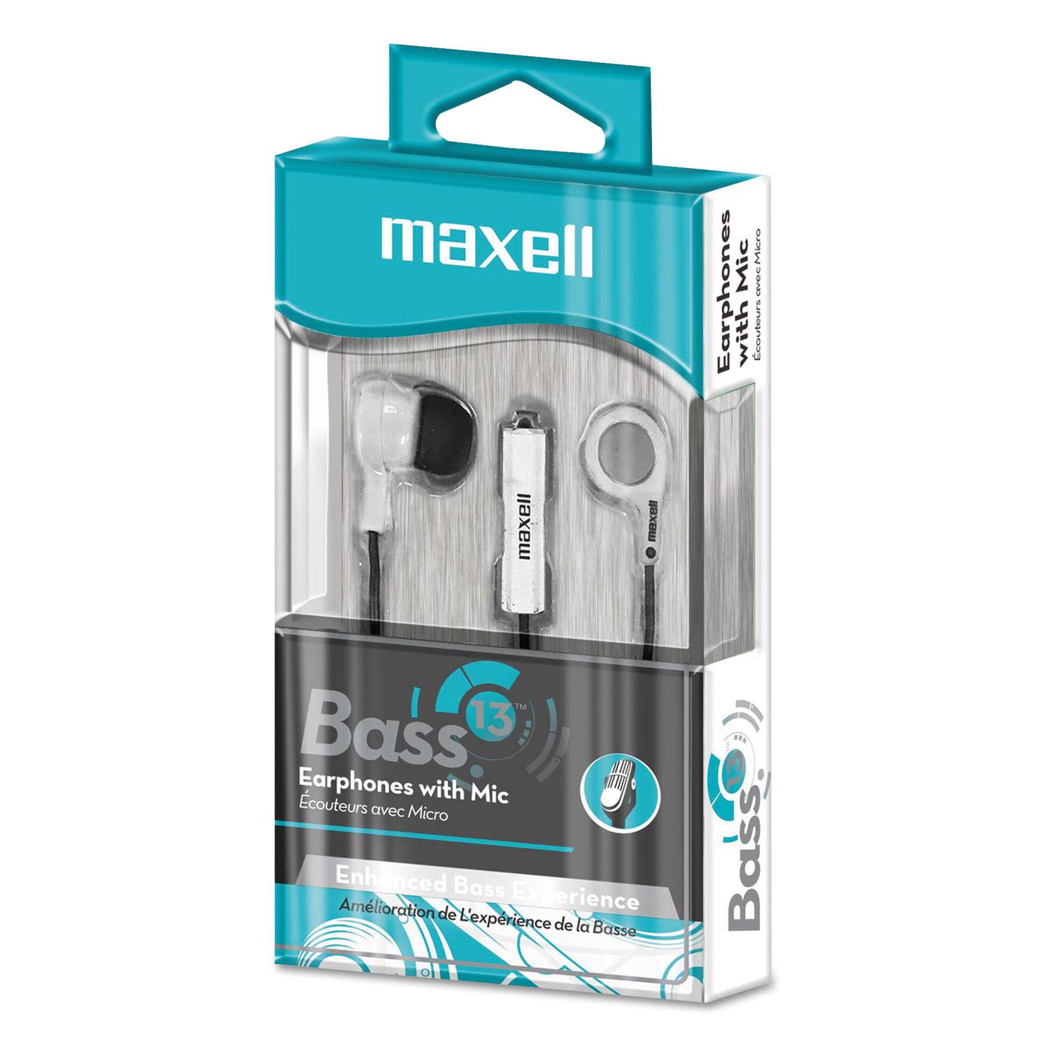 Maxell  
Earphones with Mic  
Ecouteurs avec Micro  

Bass 13  
Earphones with Mic  
Ecouteurs avec Micro  

Enhanced Bass Experience  
Amélioration de l'expérience de la Basse