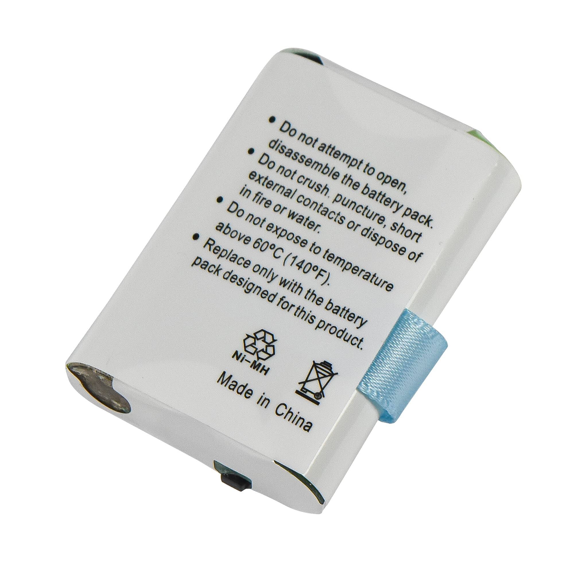 Do not attempt to open, disassemble the battery pack. Do not crush, puncture, short external contacts or dispose of in fire or water. Do not expose to temperature above 60°C (140°F). Replace only with the battery pack designed for this product. Ni-MH Made in China