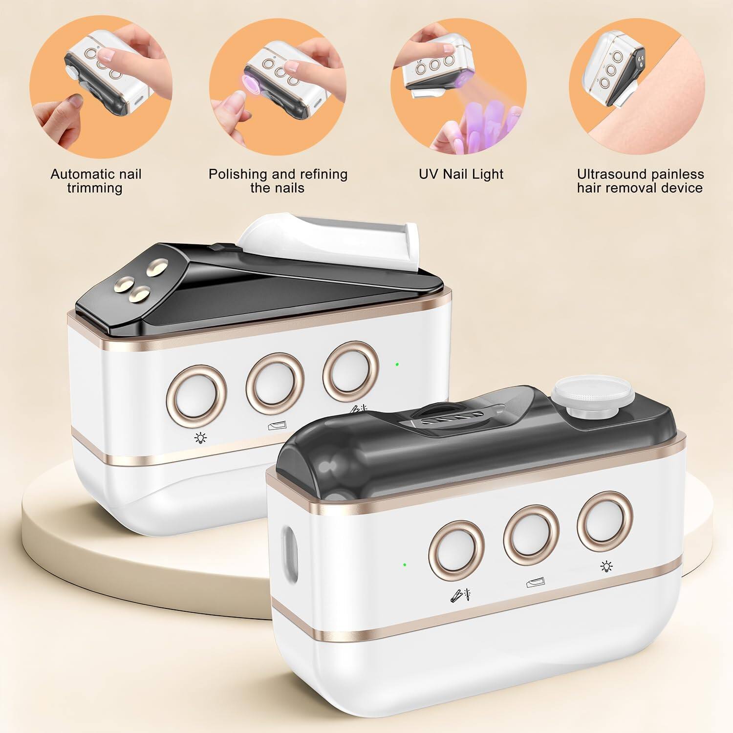 Automatic nail trimming  
Polishing and refining the nails  
UV Nail Light  
Ultrasound painless hair removal device