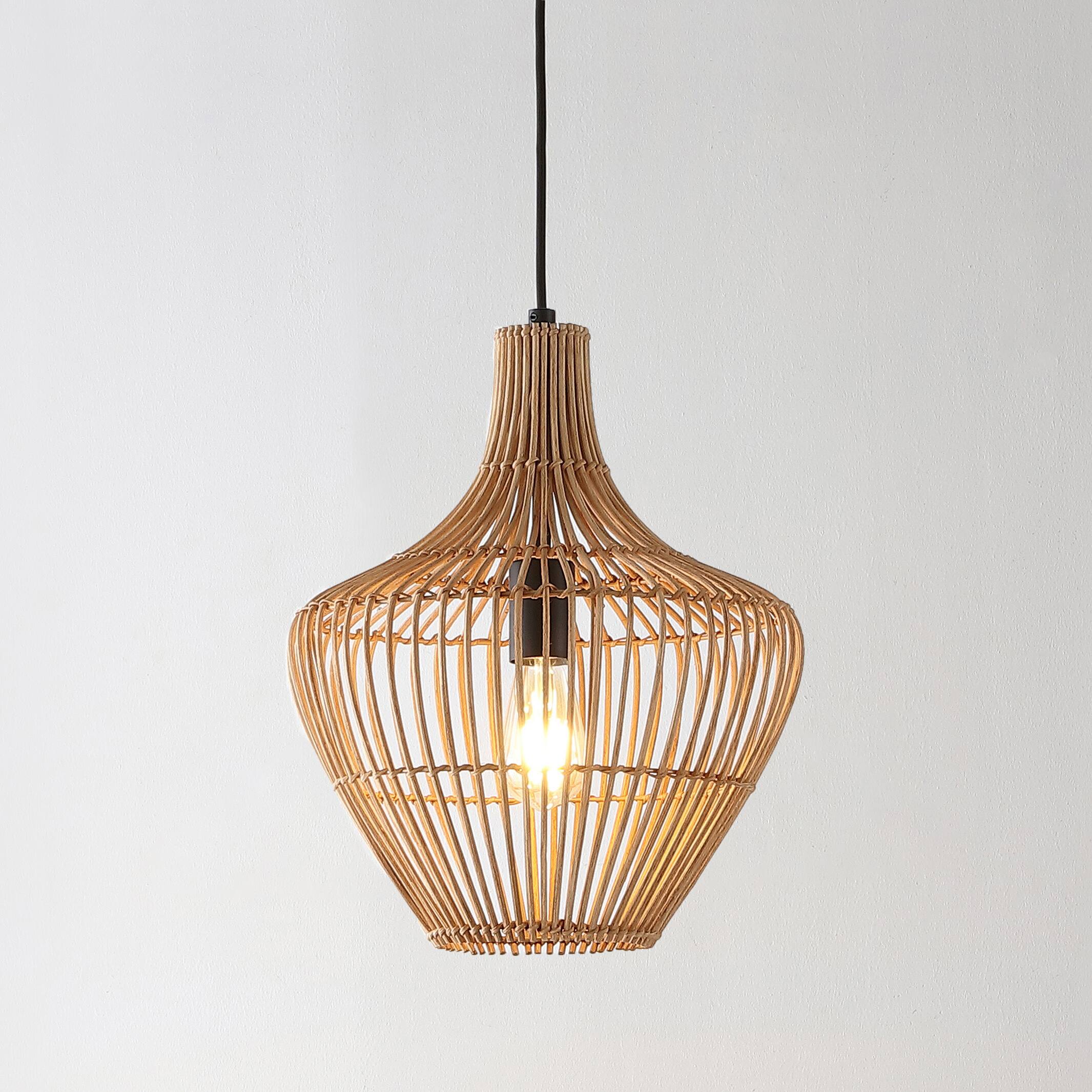 Alt View 1. Jonathan Y - Lucas 13" 1-Light Farmhouse Coastal Rattan 180" Cord Plug-In or Hardwired LED Pendant, Brown - Brown.