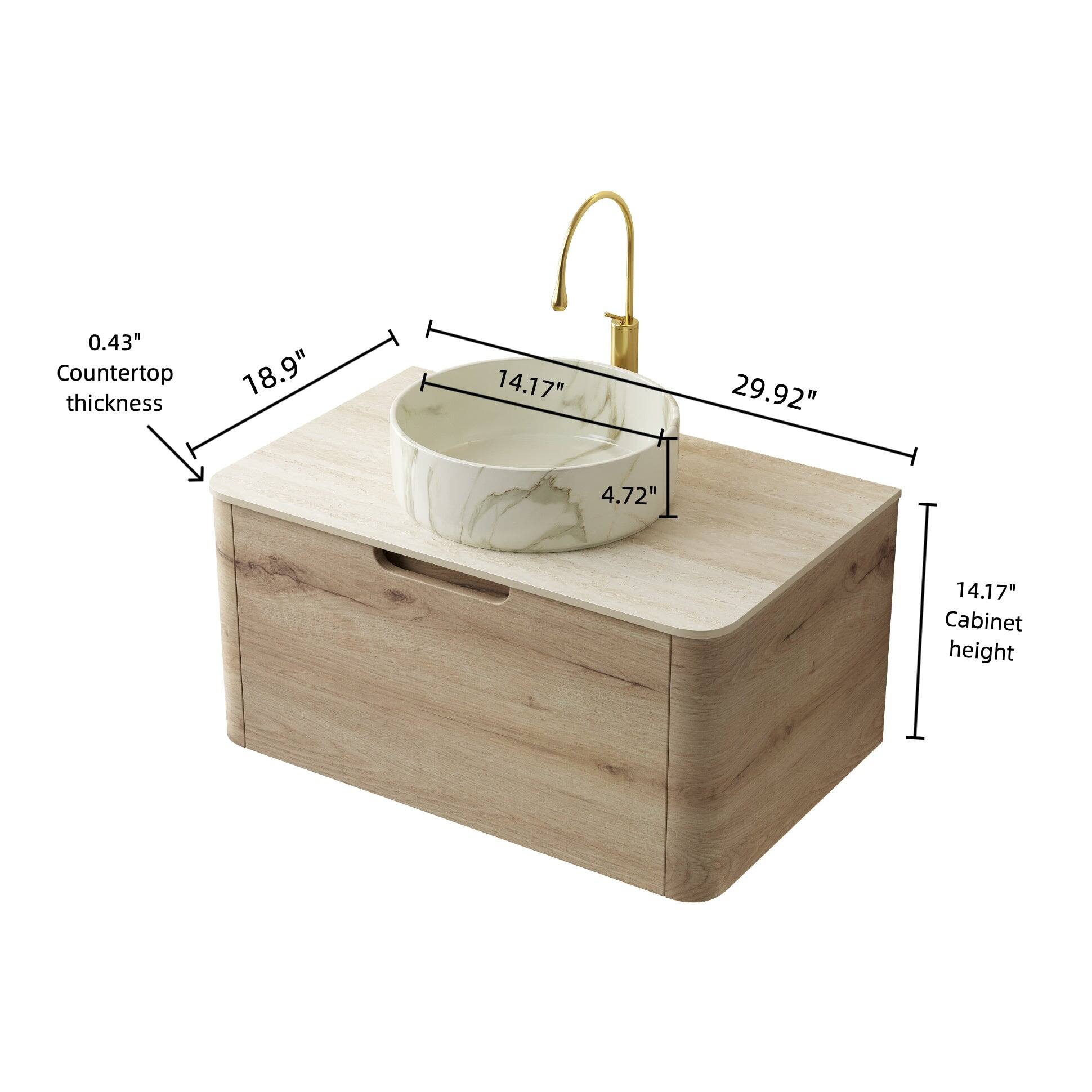 - Countertop thickness: 0.43"
- Cabinet height: 14.17"
- Sink dimensions: 14.17" x 7"
- Faucet height: 29.92"
- Sink depth: 4.72"
- Countertop overhang: 18.9"