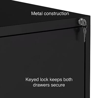Metal construction  
Keyed lock keeps both drawers secure