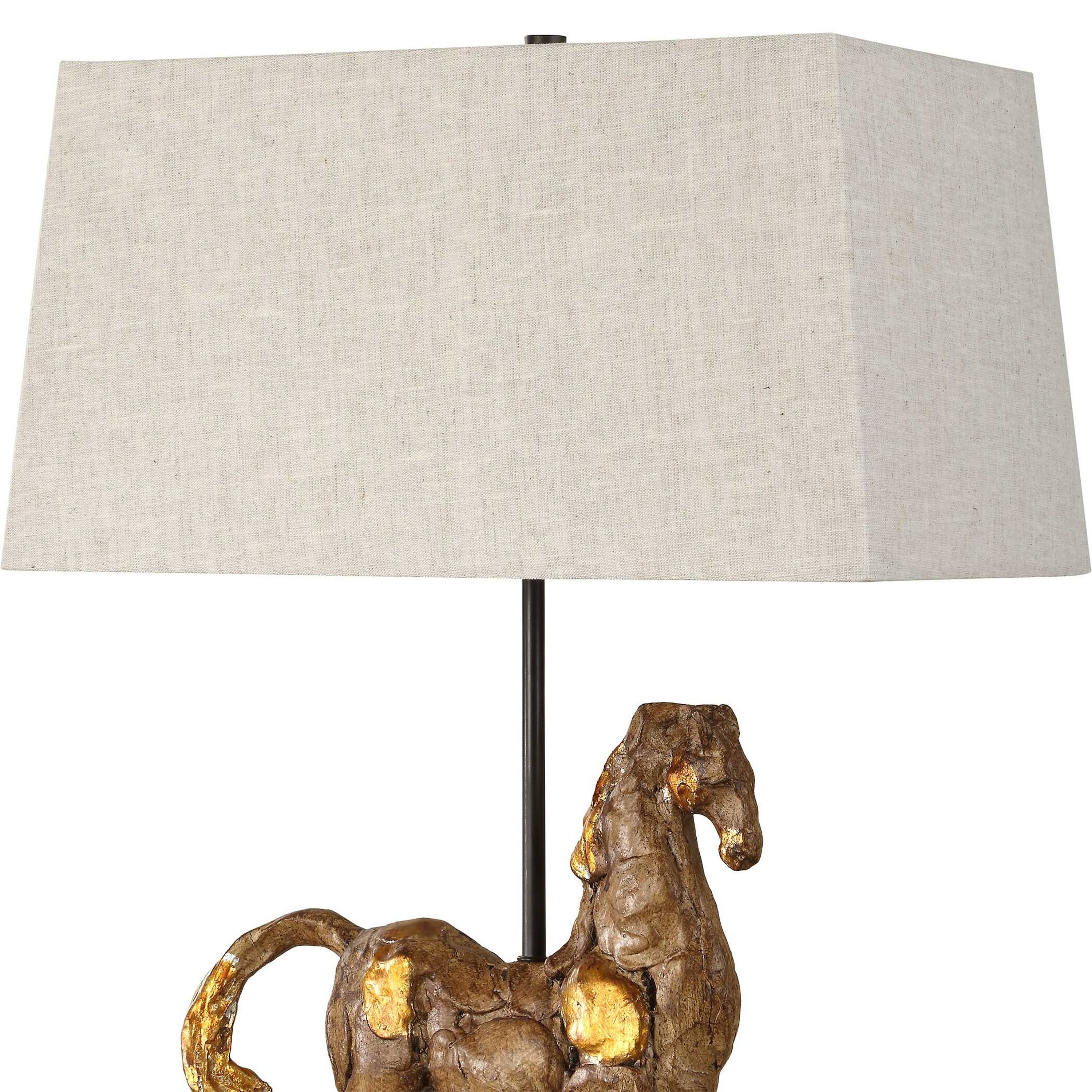 Angle. Manhattan Lane - Horse Sculpture Table Lamp, Linen Shade, 29 Inch Iron - Brown, Beige, Black.