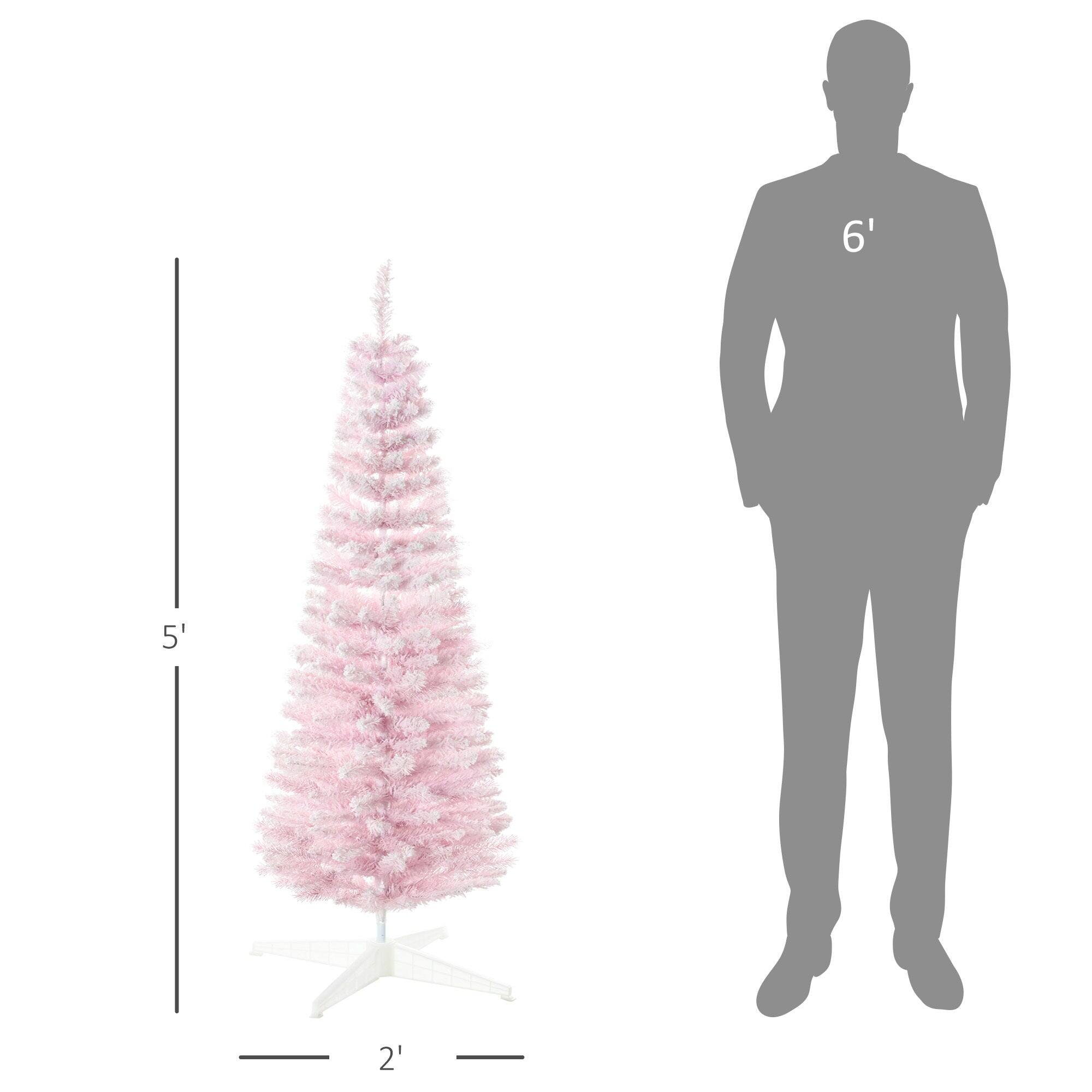 Left. BreeBe - 5 ft Snow Flocked Artificial Pencil Christmas Tree - Pink.