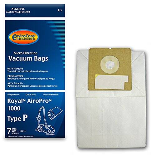 A MUST FOR ALLERGY SUFFERERS!!  
213 EnviroCore TECHNOLOGIES Micro Filtration Vacuum Bags  
99.7% Filtration Traps Microscopic Particles and Allergens  
Filtración 99.7% Partículas y Alergénicos Microscópicos de Polen  
Filtración 99.7% Partículas Alérgenicas Microscópicas de los Desvios  

Designed to Fit:  
Diseñado a Medida  
Royal* AiroPro 1000  
Type P  
BAGS  
BOLSAS  
SACS  

7 FILTERS