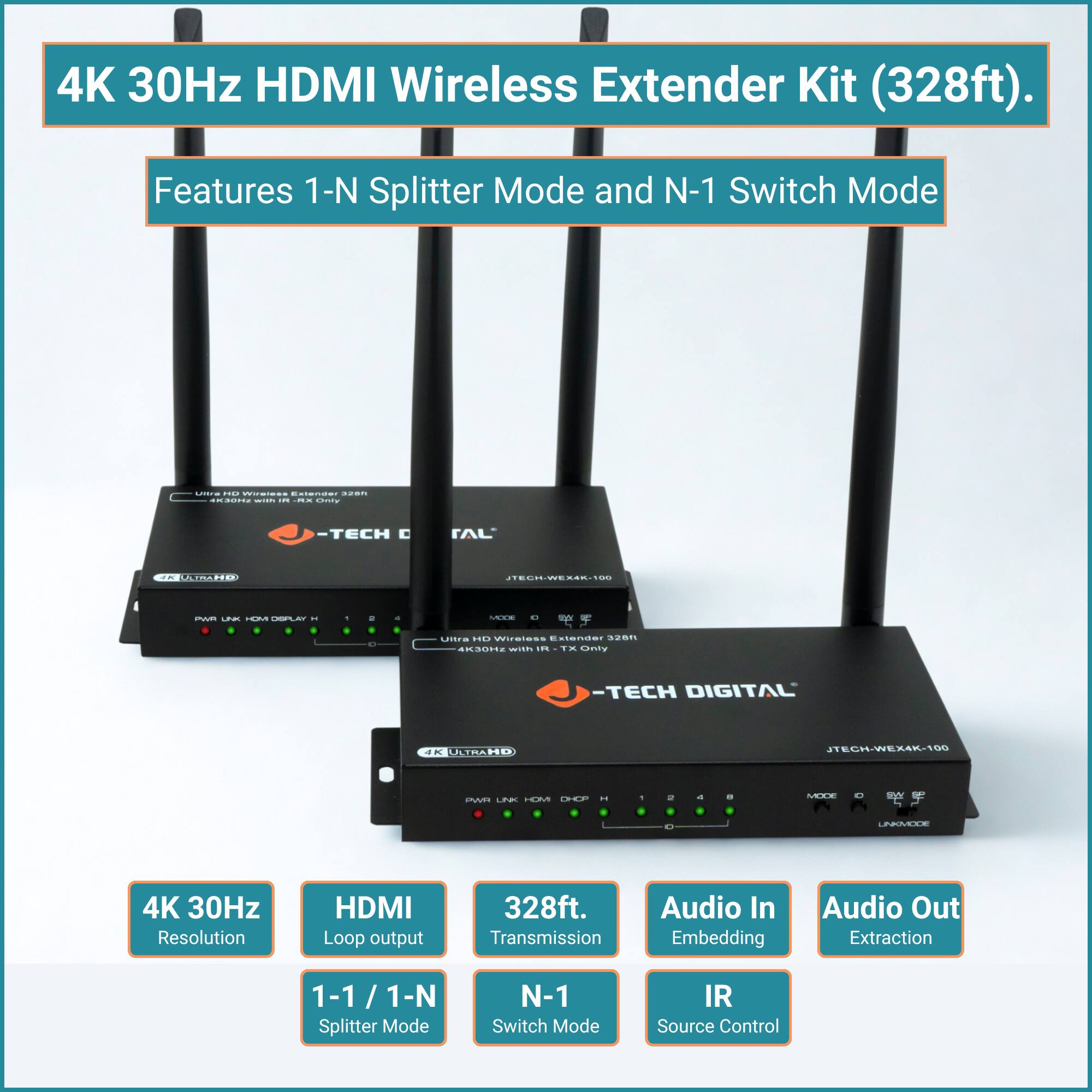 4K 30Hz HDMI Wireless Extender Kit (328ft).  
Features 1-N Splitter Mode and N-1 Switch Mode  

- 4K 30Hz Resolution  
- HDMI Loop output  
- 328ft. Transmission  
- Audio In Embedding  
- Audio Out Extraction  
- 1-1 / 1-N Splitter Mode  
- N-1 Switch Mode  
- IR Source Control  

-TECH DIGITAL  
JTECH-WEX4K-106
