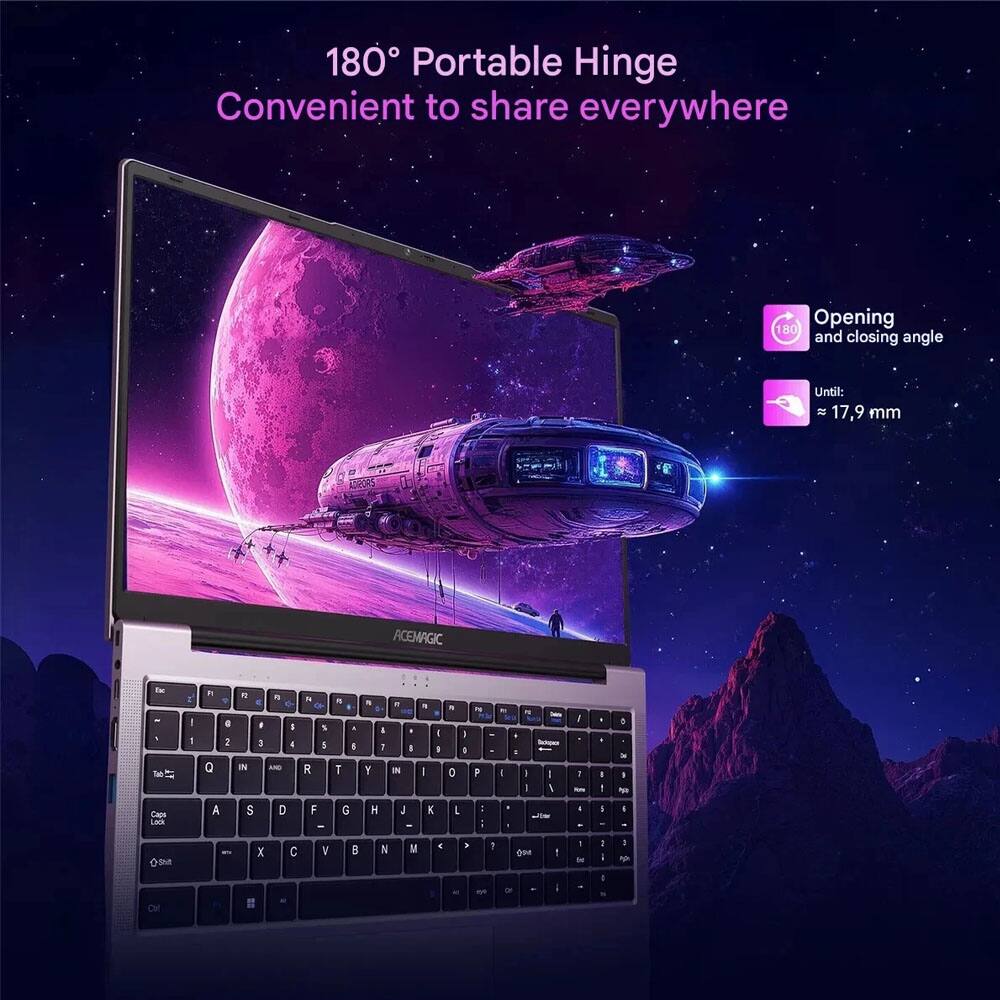 180° Portable Hinge  
Convenient to share everywhere  

Opening and closing angle  
Until: ≈ 17.9 mm  

ACEMAGIC