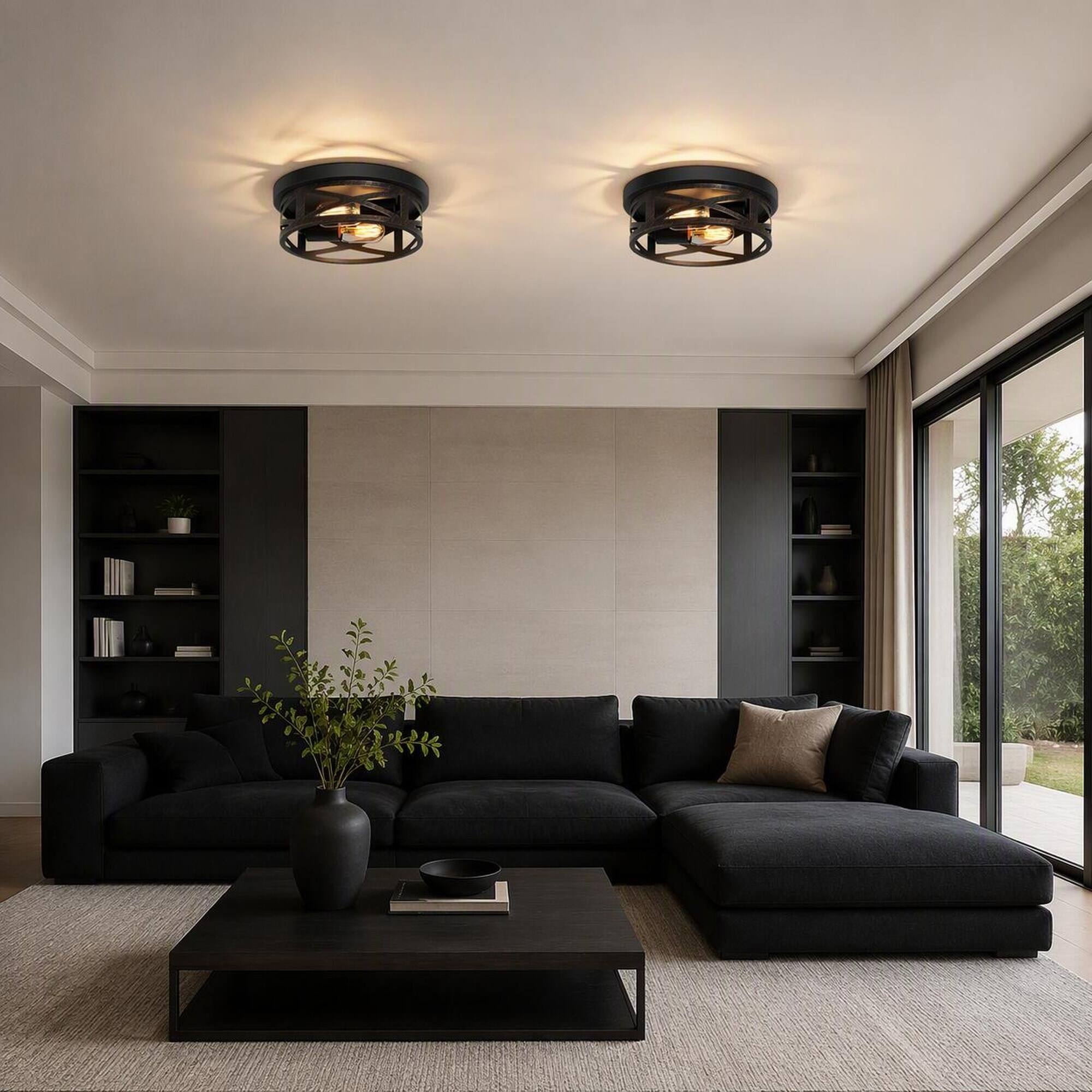 Angle. RYHNUYNE - 2-Pack Matte Bronze Industrial Flush Mount Ceiling Light with Crisscross Metal Cage, Round Close-to-Ceiling Fixture.