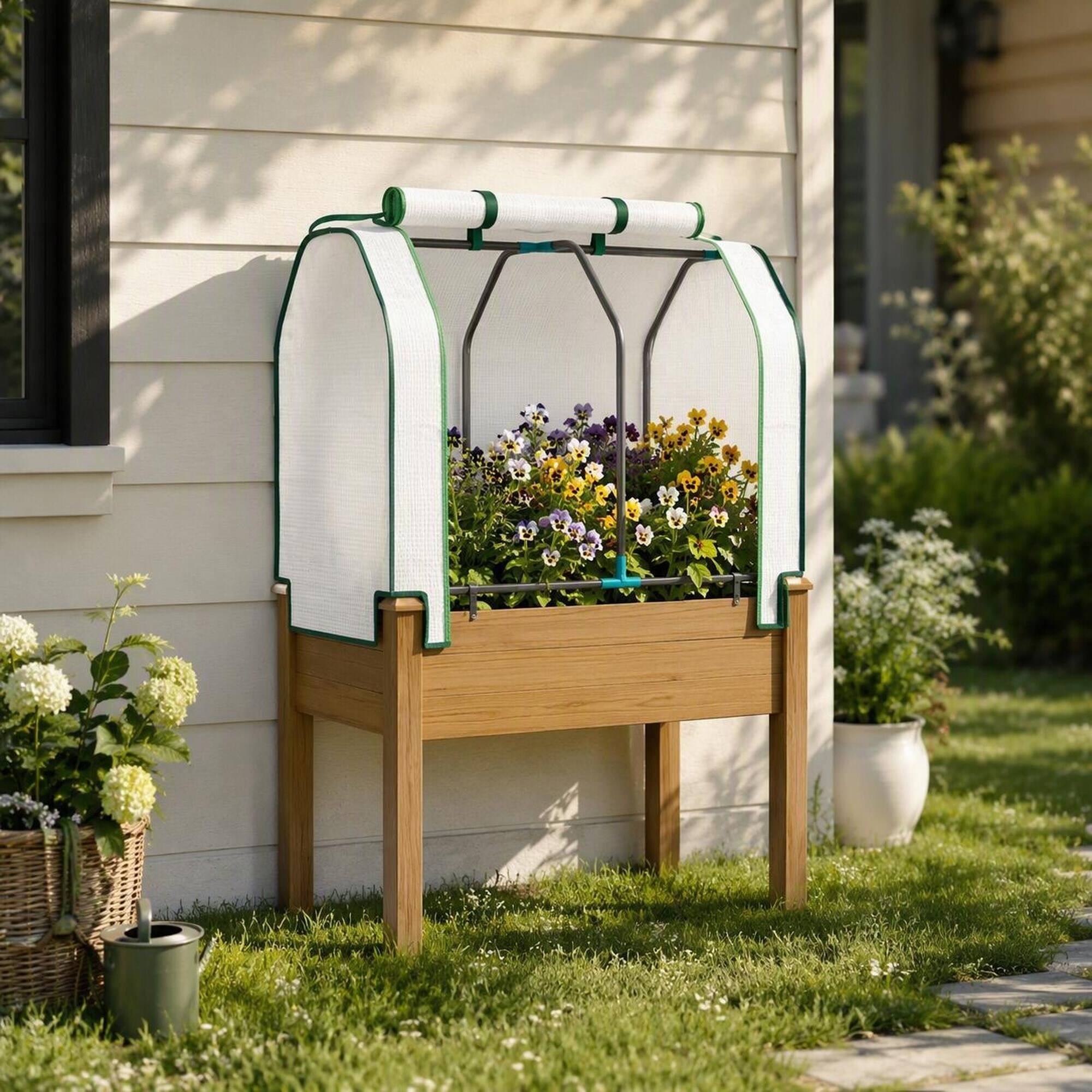 Angle. RYHNUYNE - Wooden Raised Garden Bed with Roll-Up Cover and Steel Frame, 35.4x21.7x46.9 Inches, Brown, for Vegetables - Brown.
