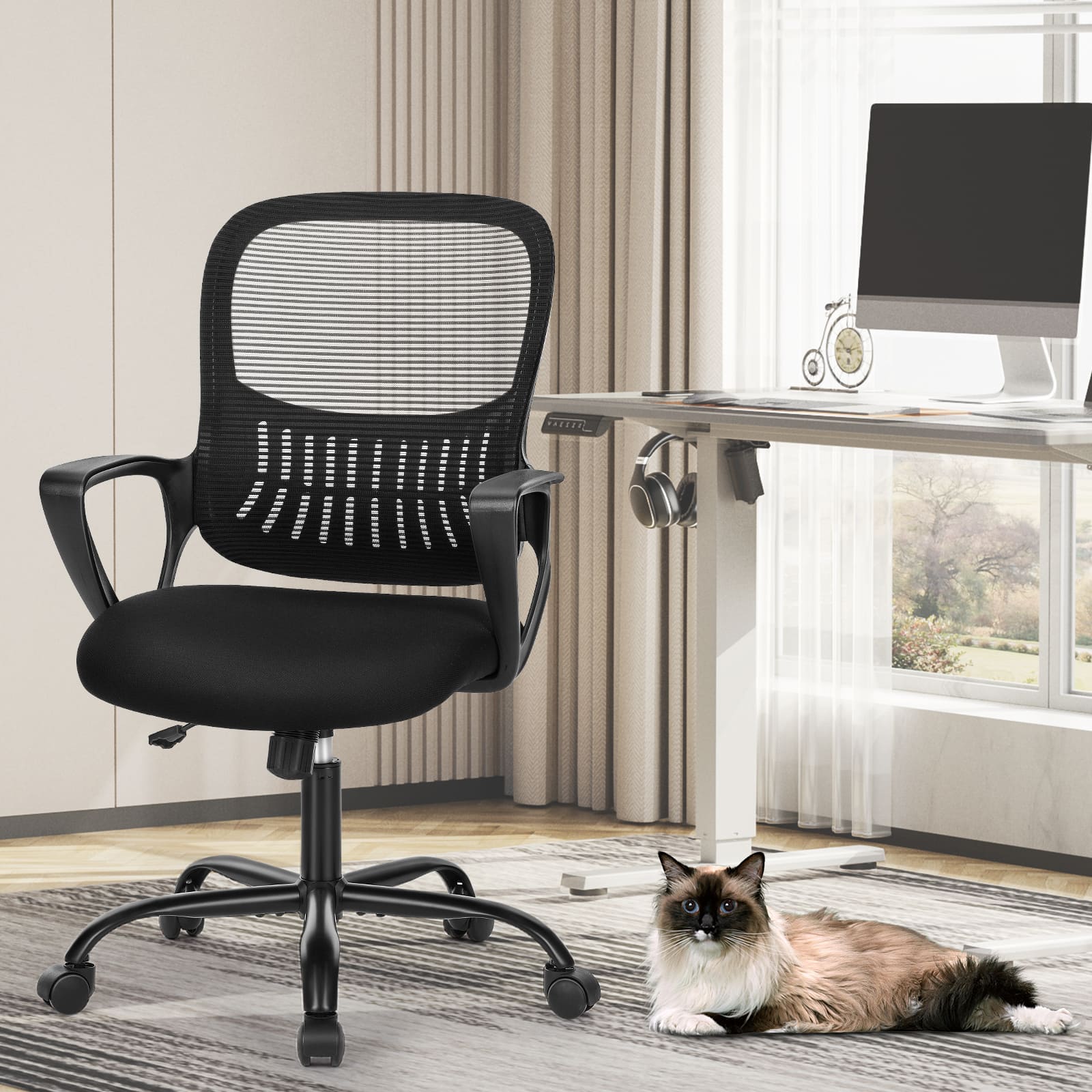 Angle. Sweetcrispy - Ergonomic Adjustable Mesh Office Chair with Lumbar Support, Swivel Task Chair with Breathable Mesh Back for Home Office - Black.