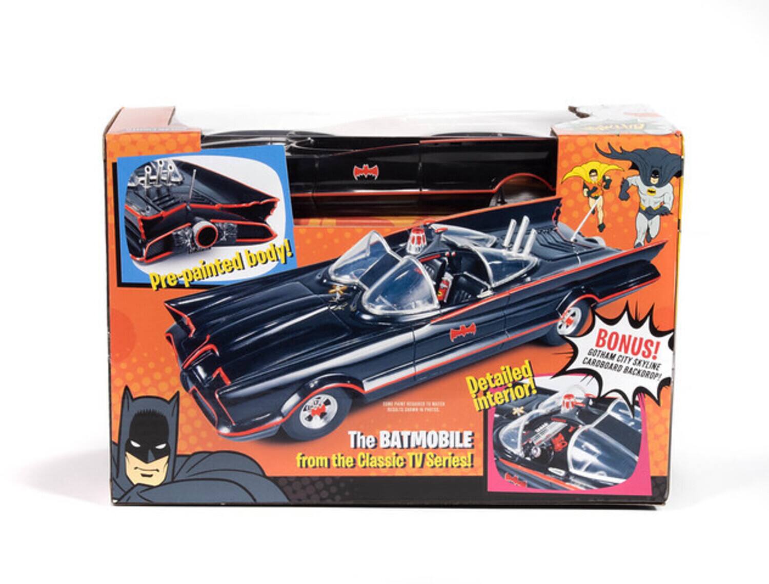 Pre-painted body! Detailed interior! The BATMOBILE from the Classic TV Series! GOTHAM BONUS! CITY CARDBOARD SKYLINE BACKDROP!