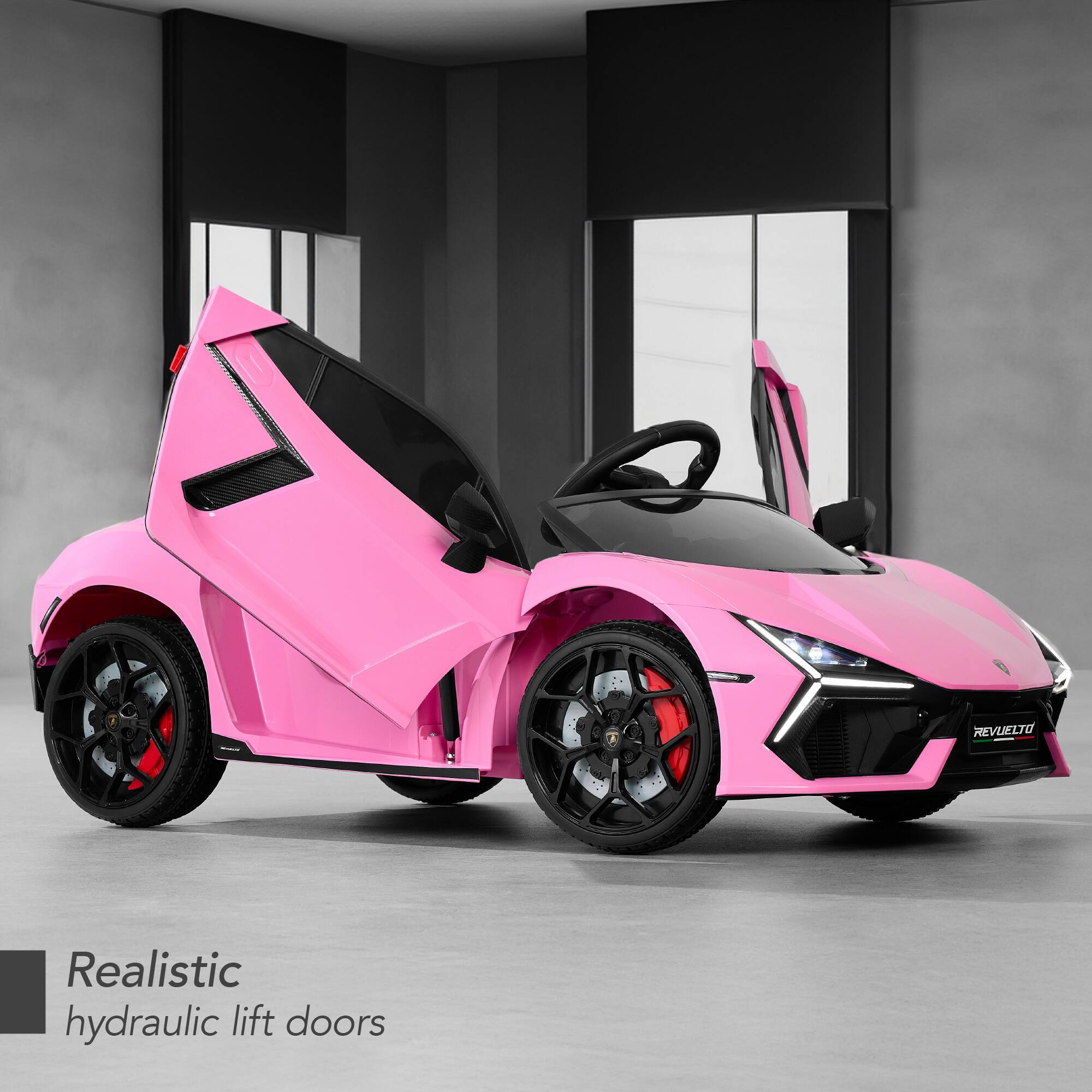 The text on the image reads: "Realistic hydraulic lift doors."