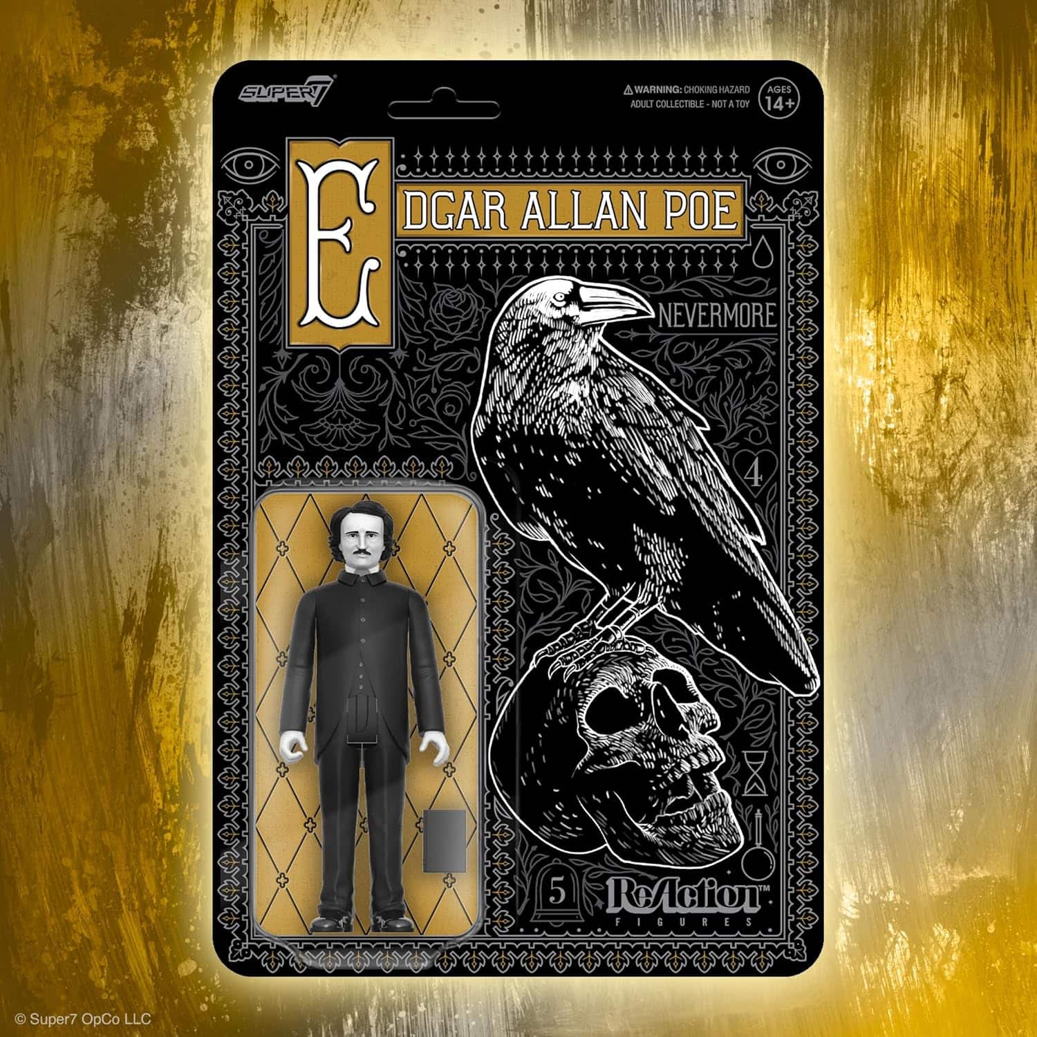 **WARNING: CHOKING HAZARD**  
ADULT COLLECTIBLE - NOT A TOY  
AGES 14+  

DCAR ALLAN POE  
NEVERMORE  

5 ReAction FIGURES  

© Super7 OpCo LLC