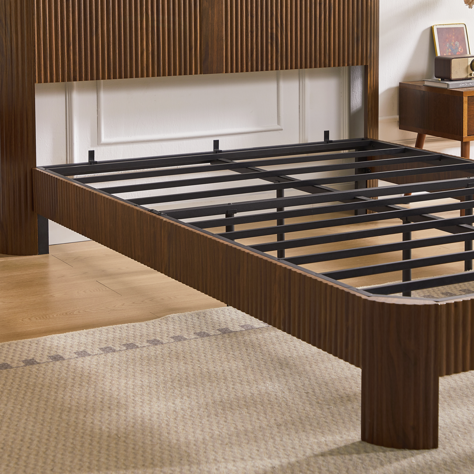 Alt View 5. GOODSILO - Full XL Storage Bed Frame with Charging Station Headboard and Wavy Curved Design in Walnut Finish - Walnut.