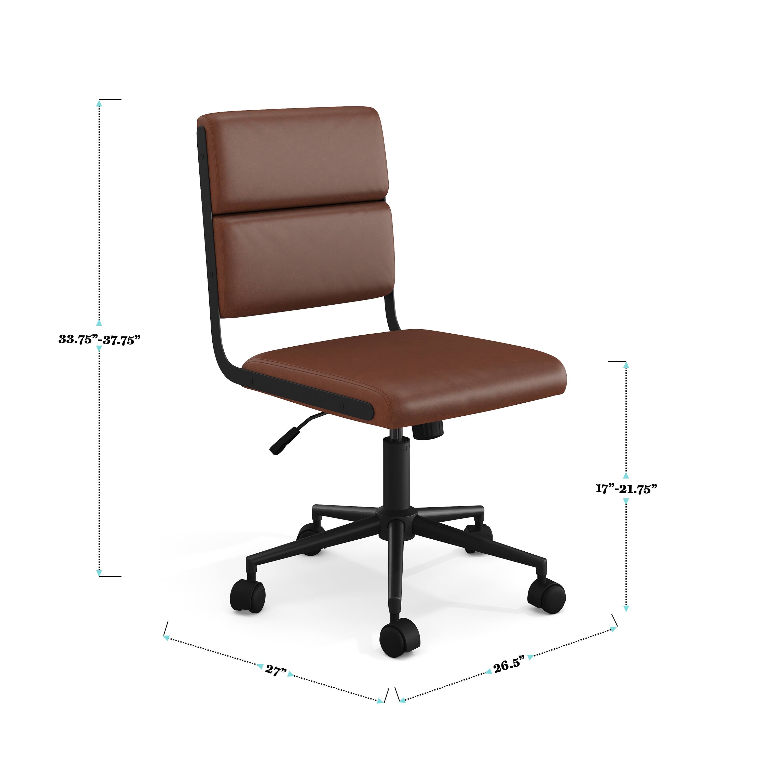 The measurements on the image are: 33.75"-37.75" for the seat height, 17"-21.75" for the seat width, and 27" for the overall height of the chair.