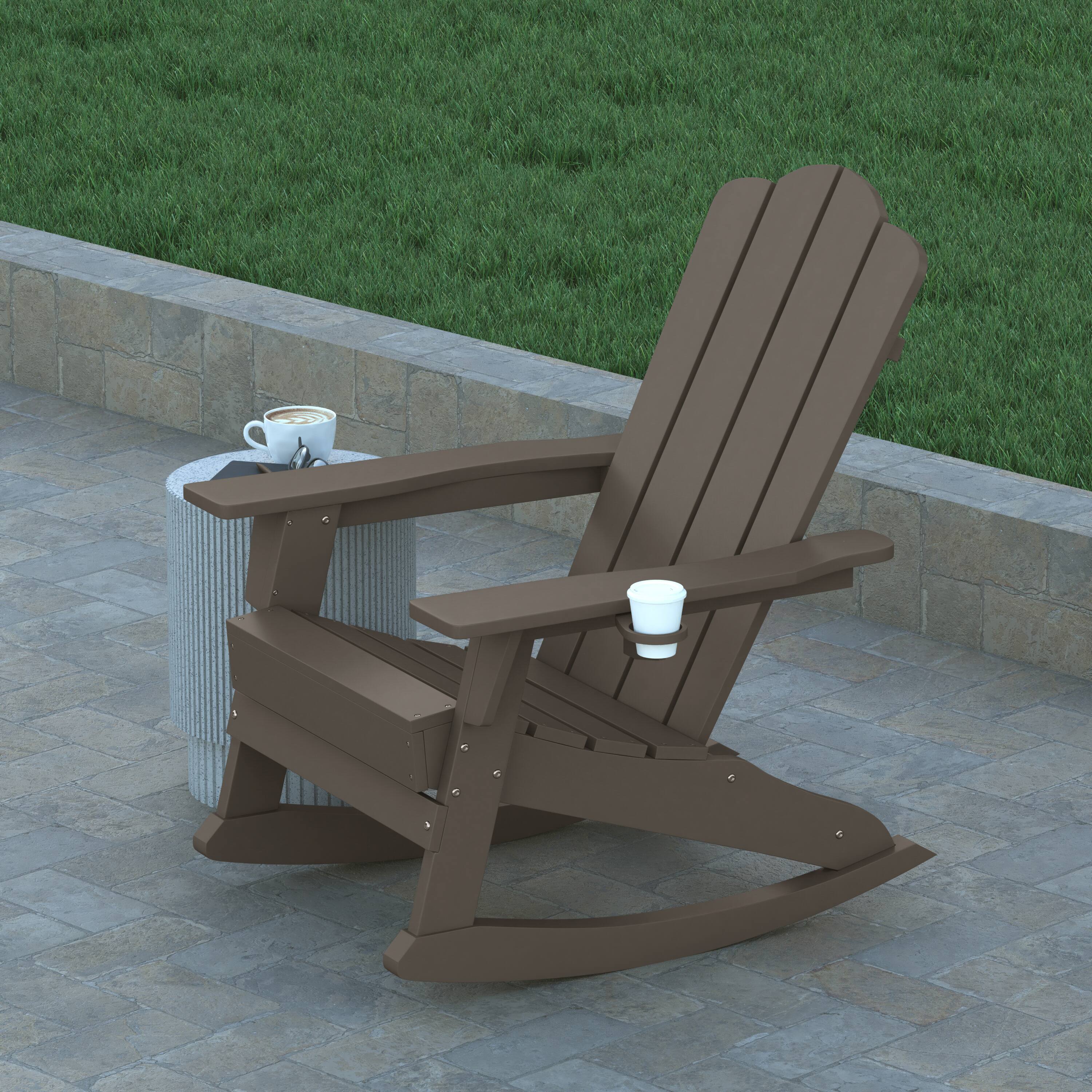 Alt View 4. Emma + Oliver - Tiverton Set of 2 Adirondack Rocking Chairs with Cup Holders, Weather Resistant HDPE Adirondack Rocking Chairs - Brown.