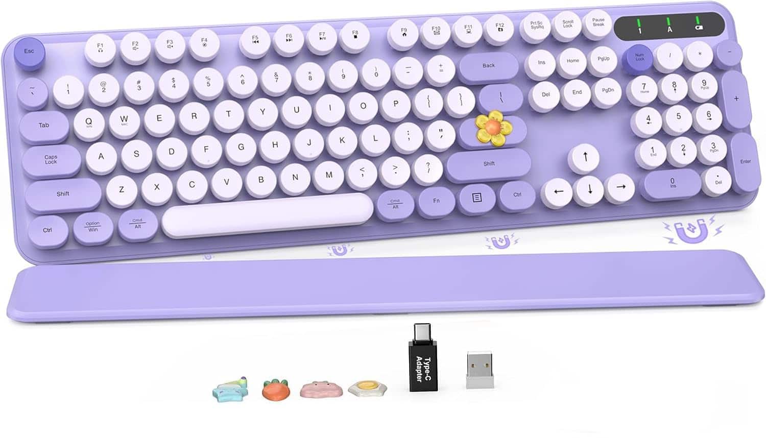 PARKER SLATER - Wireless And Mouse Combo Cute Round Keycaps Full-size Retro Typewriter With Detachable Wrist Rest 2.4ghz Cordless - Colorful-Purple