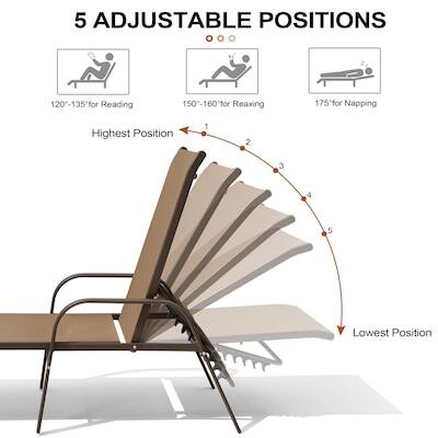 5 Adjustable Positions

- 120-135° for Reading
- 150-160° for Relaxing
- 175° for Napping

Highest Position: 1, 2, 3, 4, 5

Lowest Position