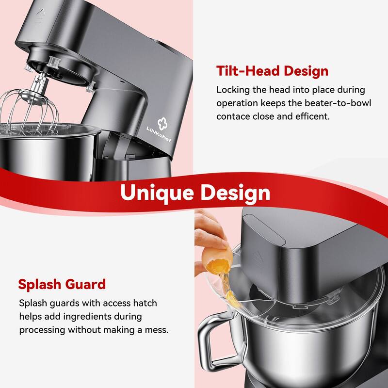 **Tilt-Head Design**  
Locking the head into place during operation keeps the beater-to-bowl contact close and efficient.

**Splash Guard**  
Splash guards with access hatch helps add ingredients during processing without making a mess.